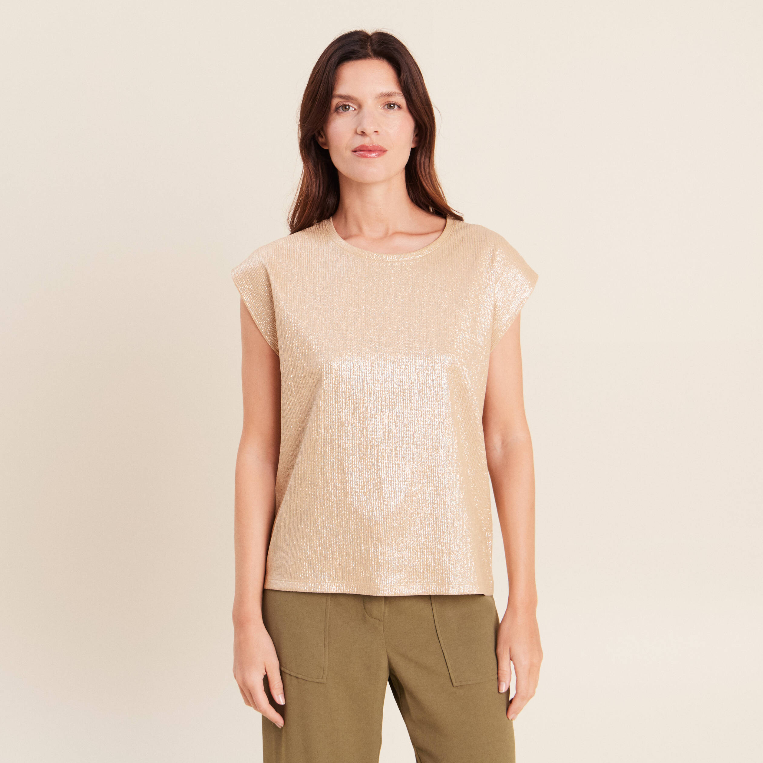 T-shirt col rond sans manches beige femme