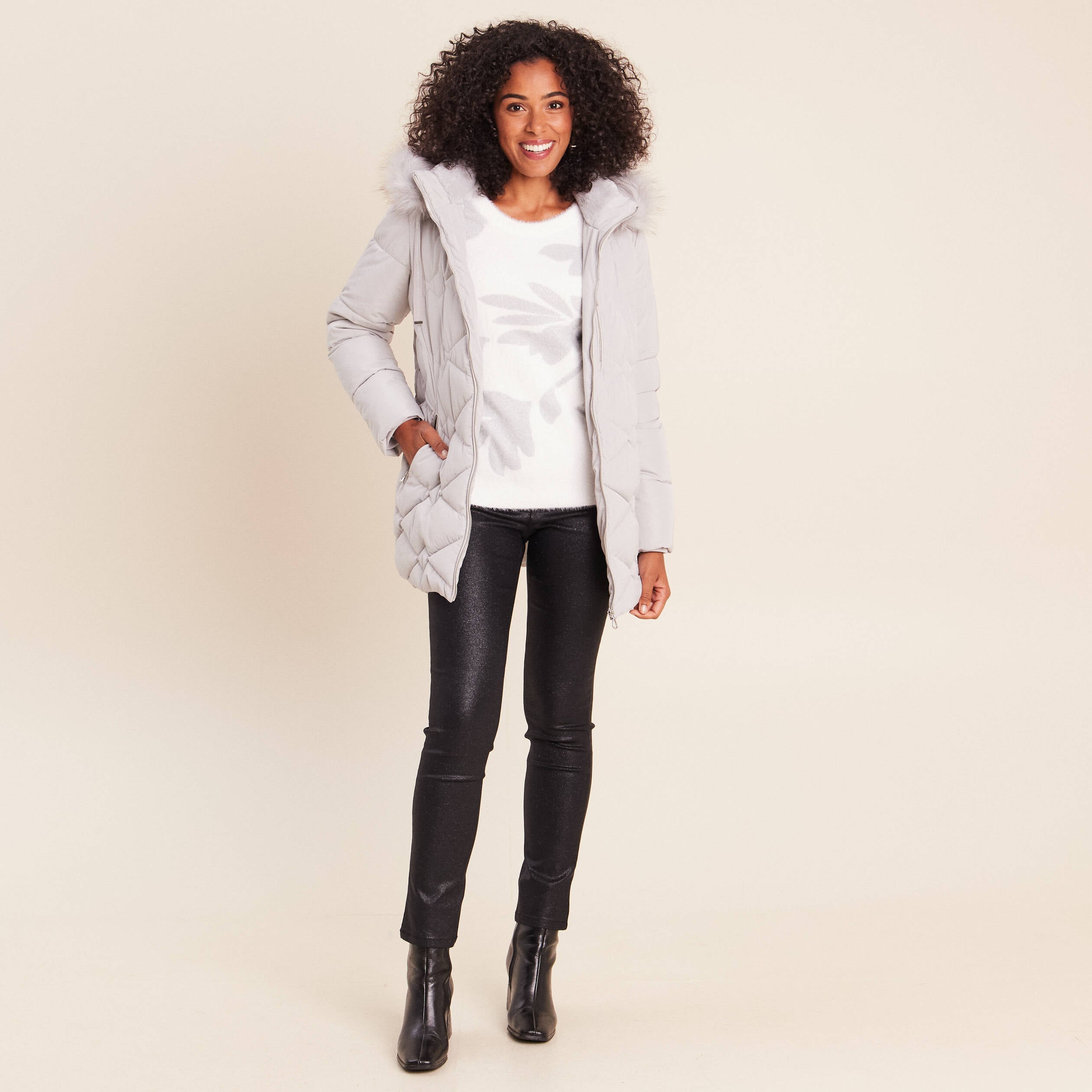 Pull col rond manches longues couleur argent femme