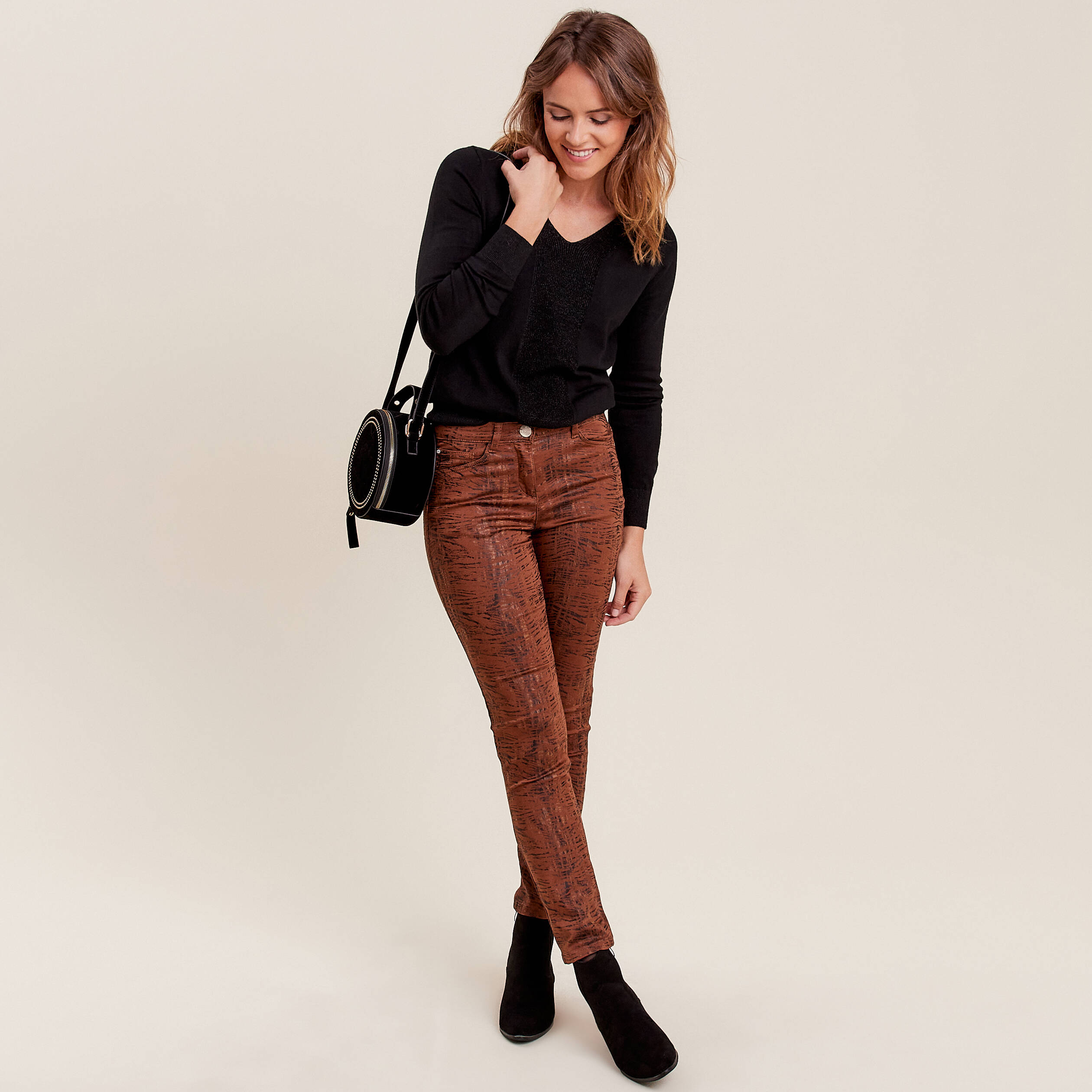 Pantalon ajusté 7/8ème marron cognac femme