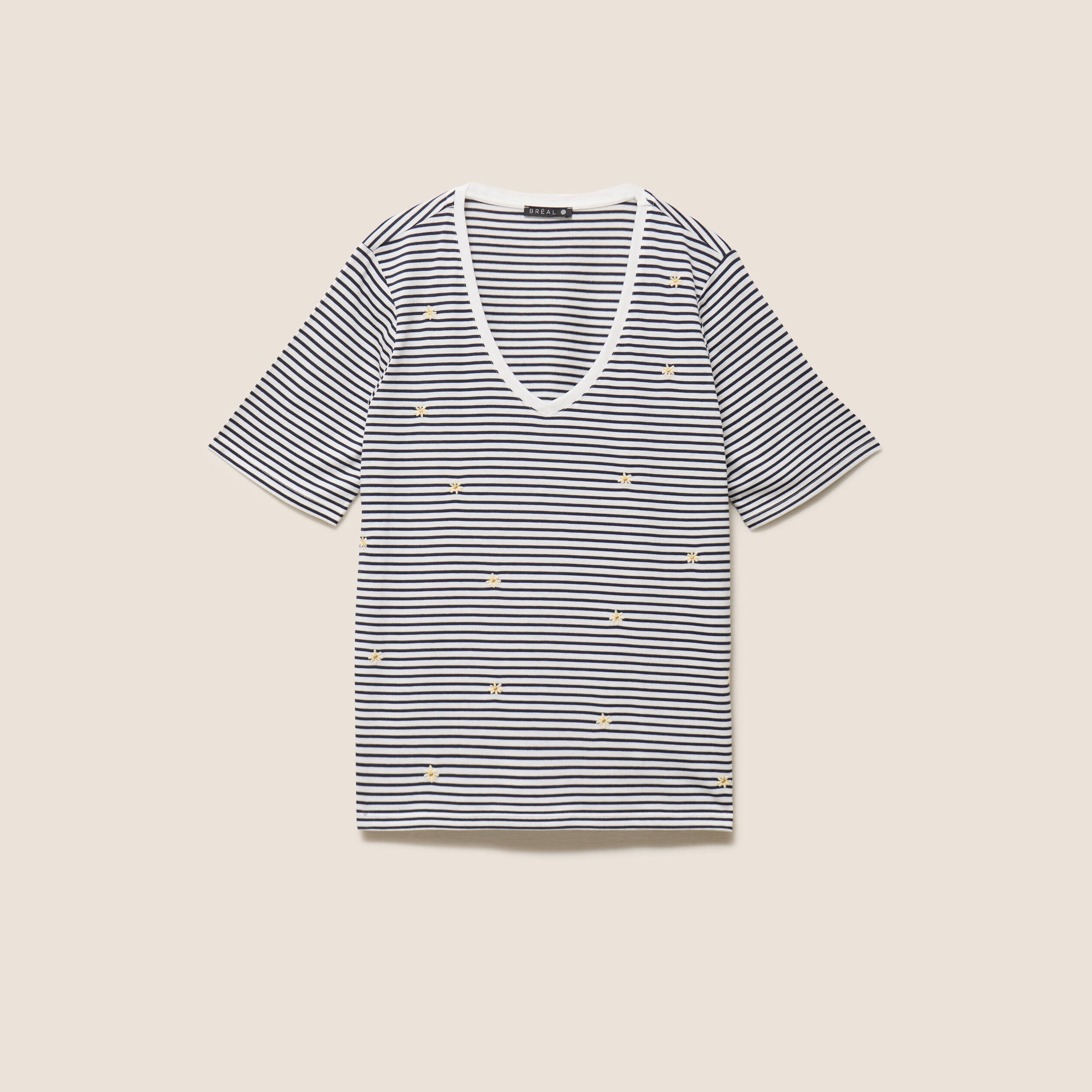 T-shirt droit broderie manches courtes bleu femme