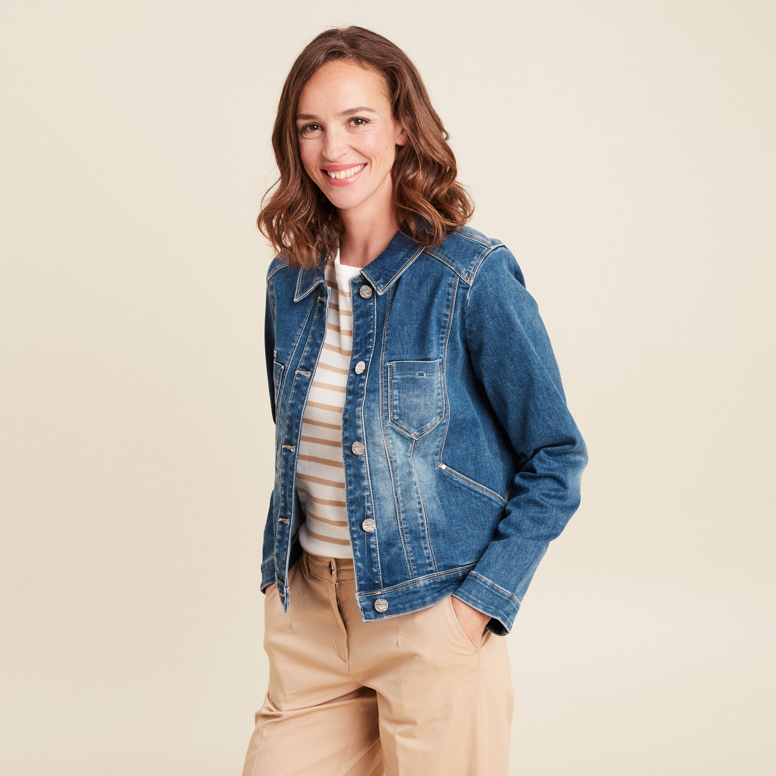 veste jean ajustee manches longues denim double stone femme Veste jean ajustée manches longues denim double stone femme