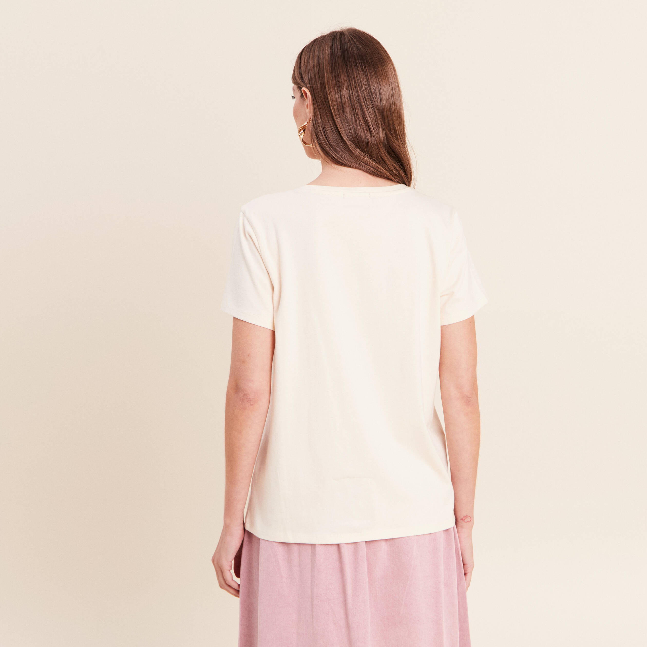 T-shirt col rond manches courtes ecru femme