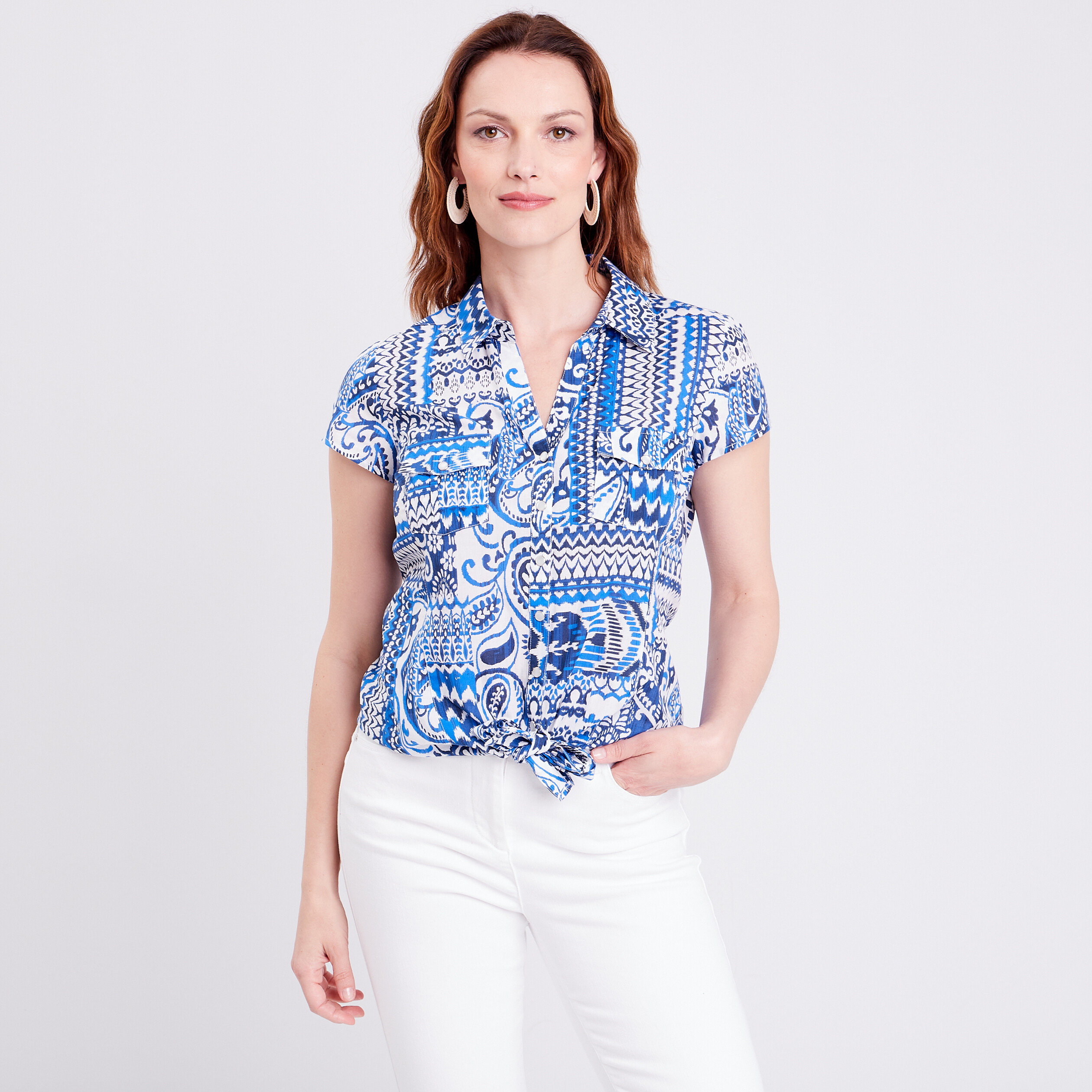 chemise manches courtes nouee bleu femme Chemise manches courtes nouée bleu femme