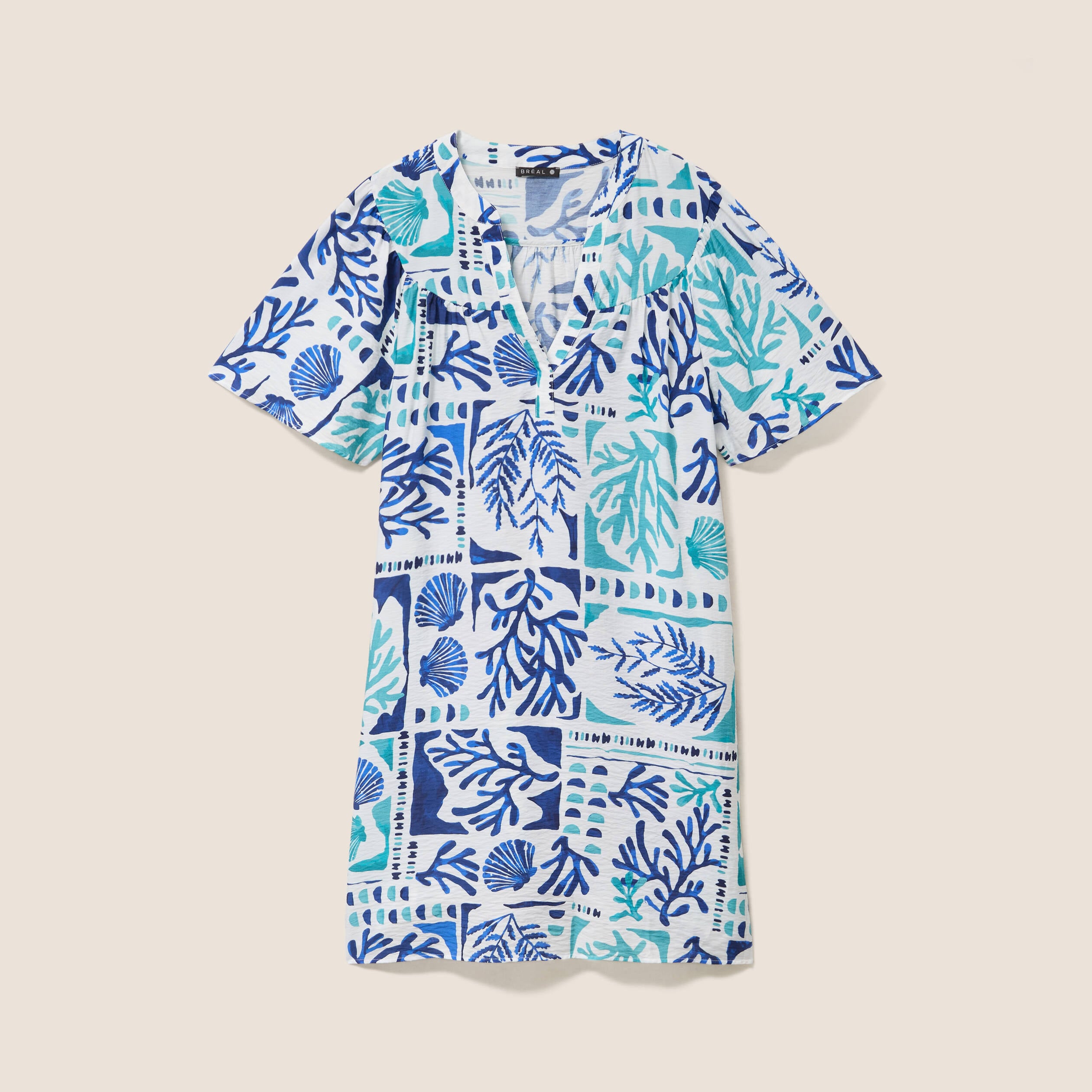 Robe droite courte col tunisien bleu femme