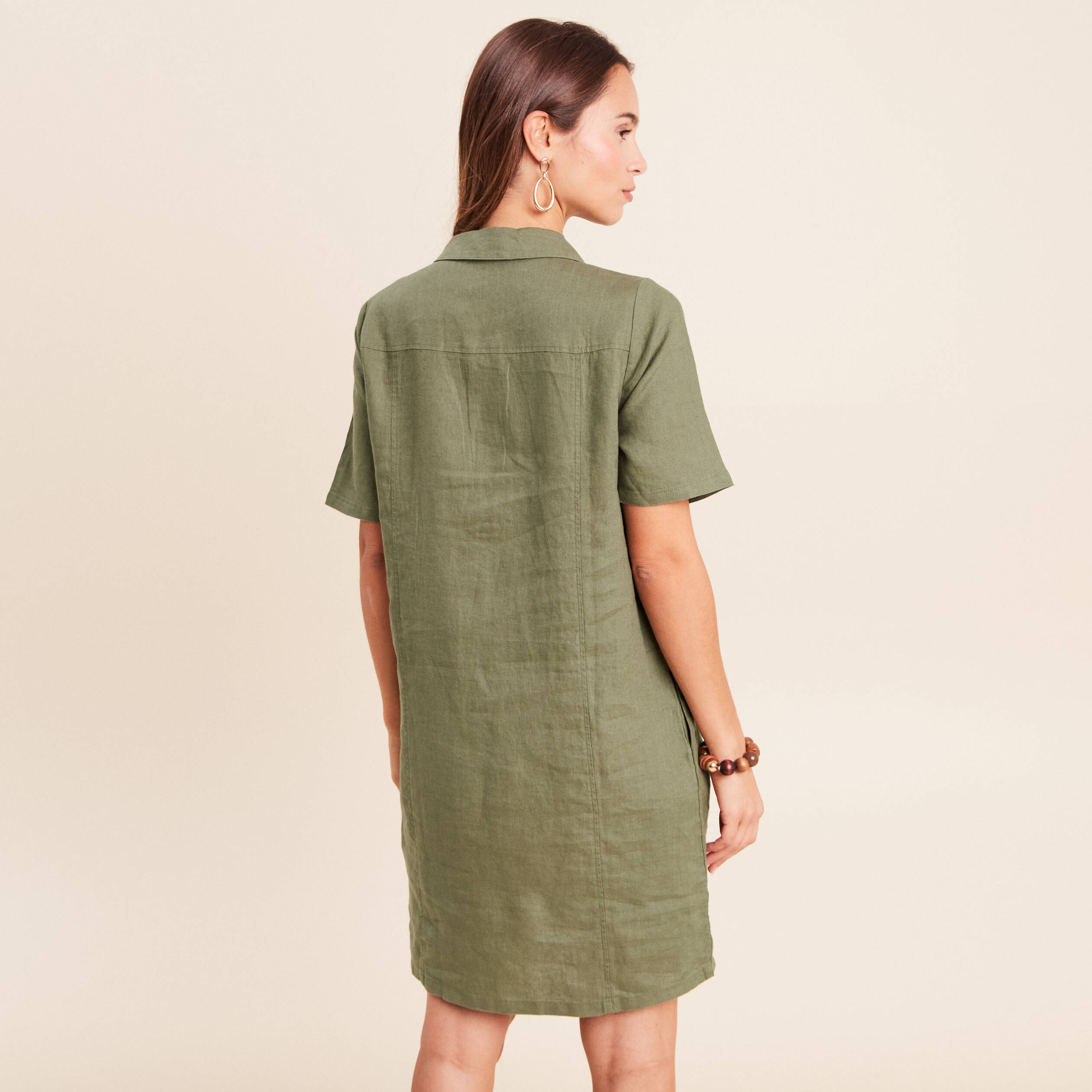 Robe droite courte col chemise vert kaki femme