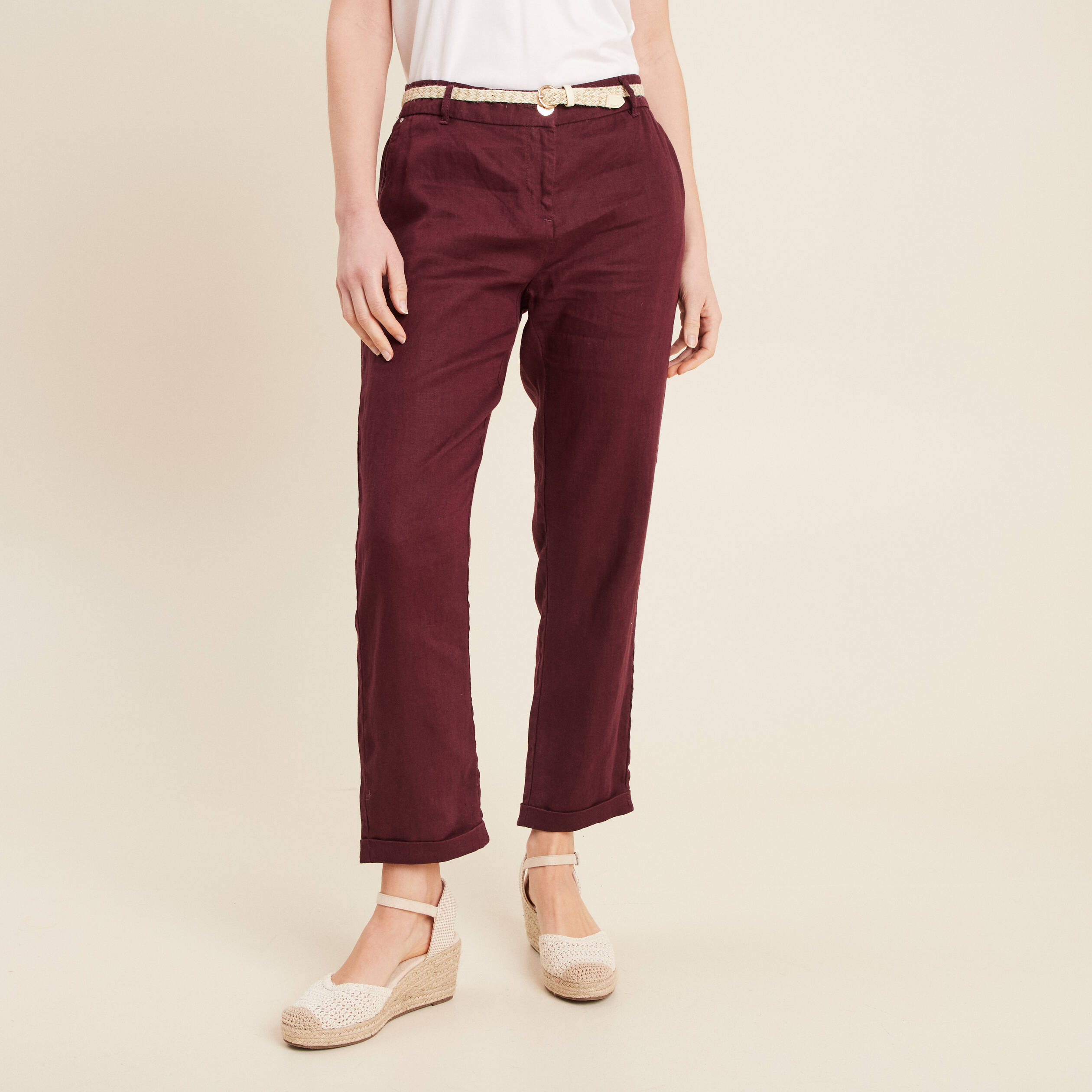 pantalon flou ceinture prune femme Pantalon flou ceinturé prune femme
