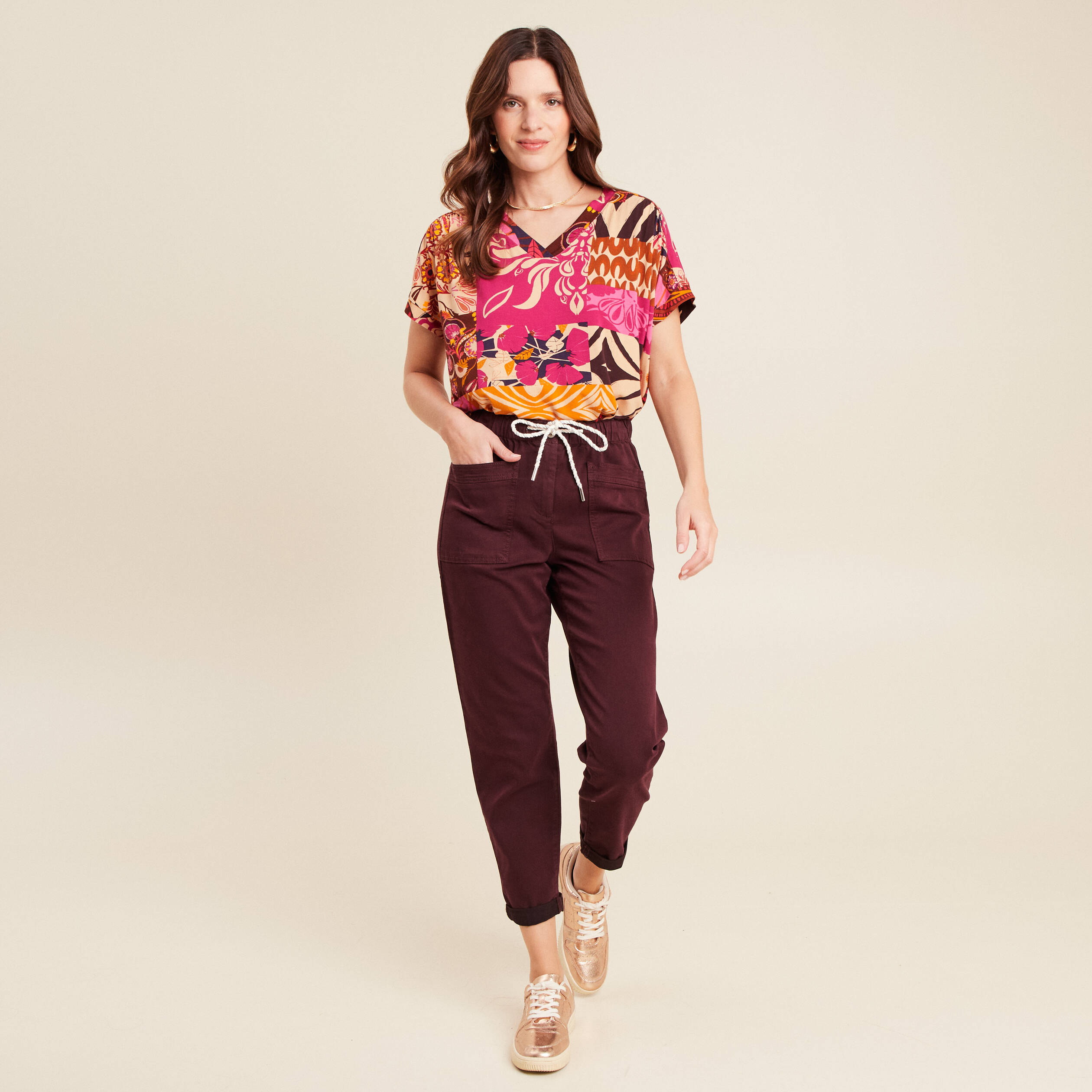 Pantalon coupe mom 7/8&egrave;me bordeaux femme