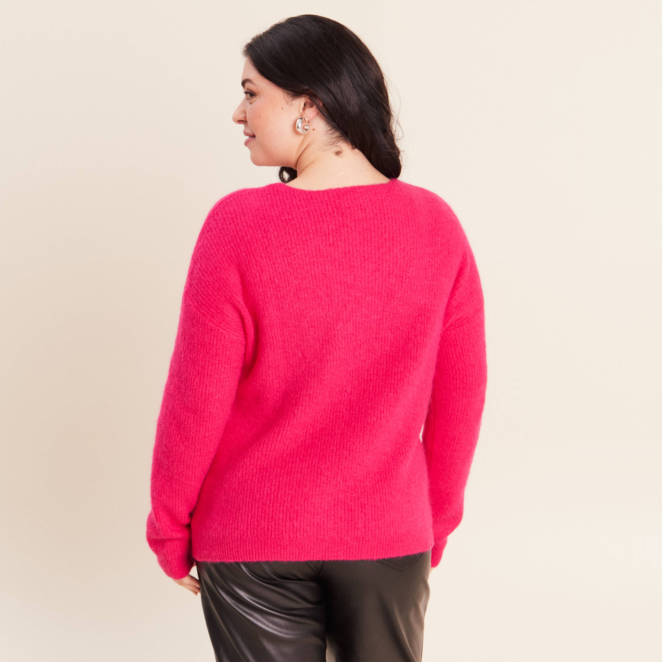 Pull col v rose femme