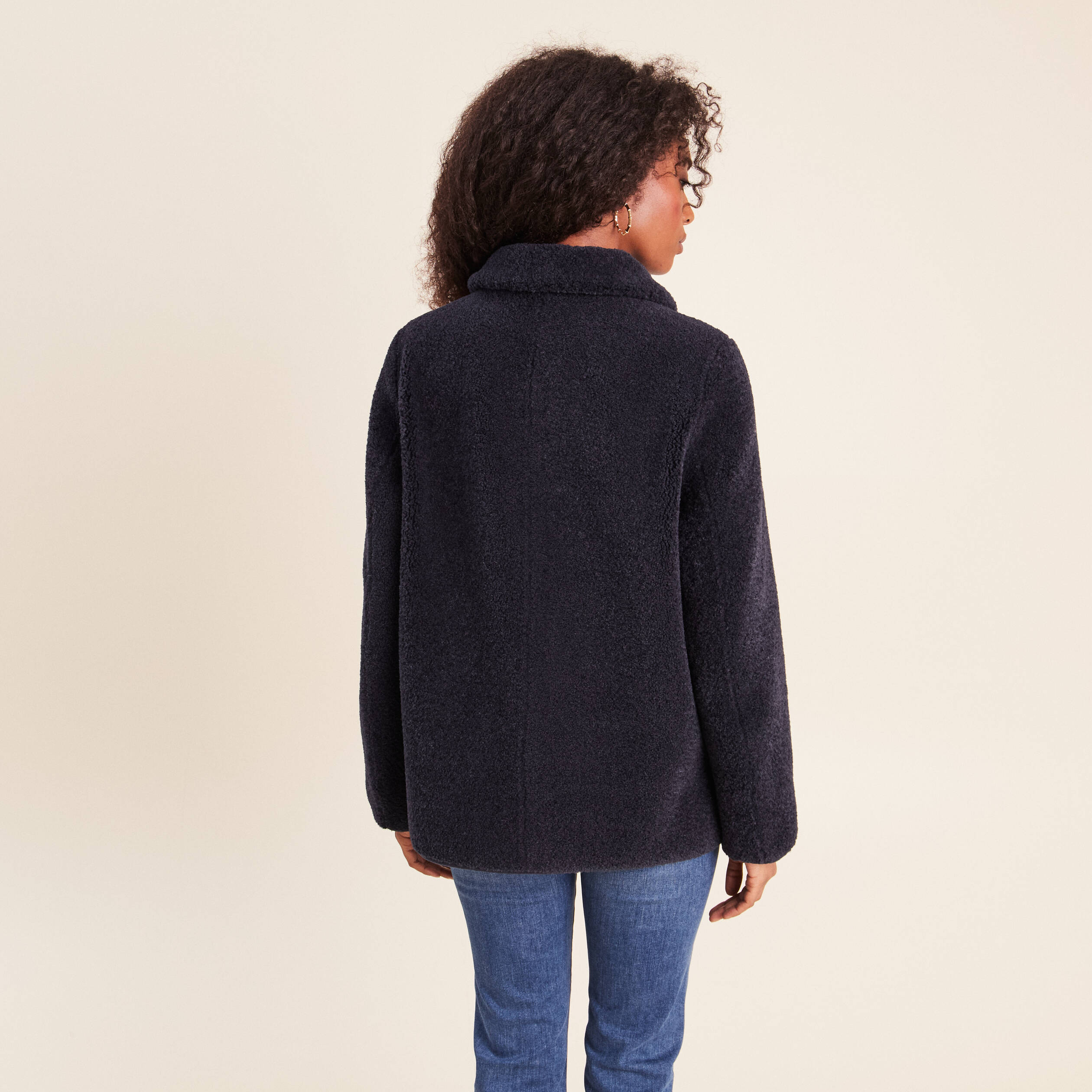 Manteau droit effet mouton bleu fonc&eacute; femme