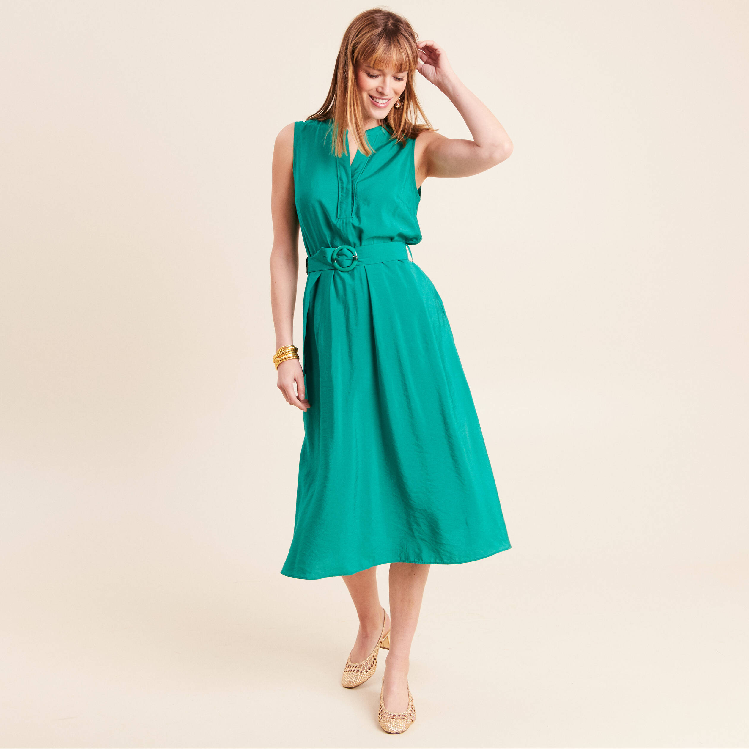 Robe &eacute;vas&eacute;e 3/4 sans manches ceinture vert menthe femme
