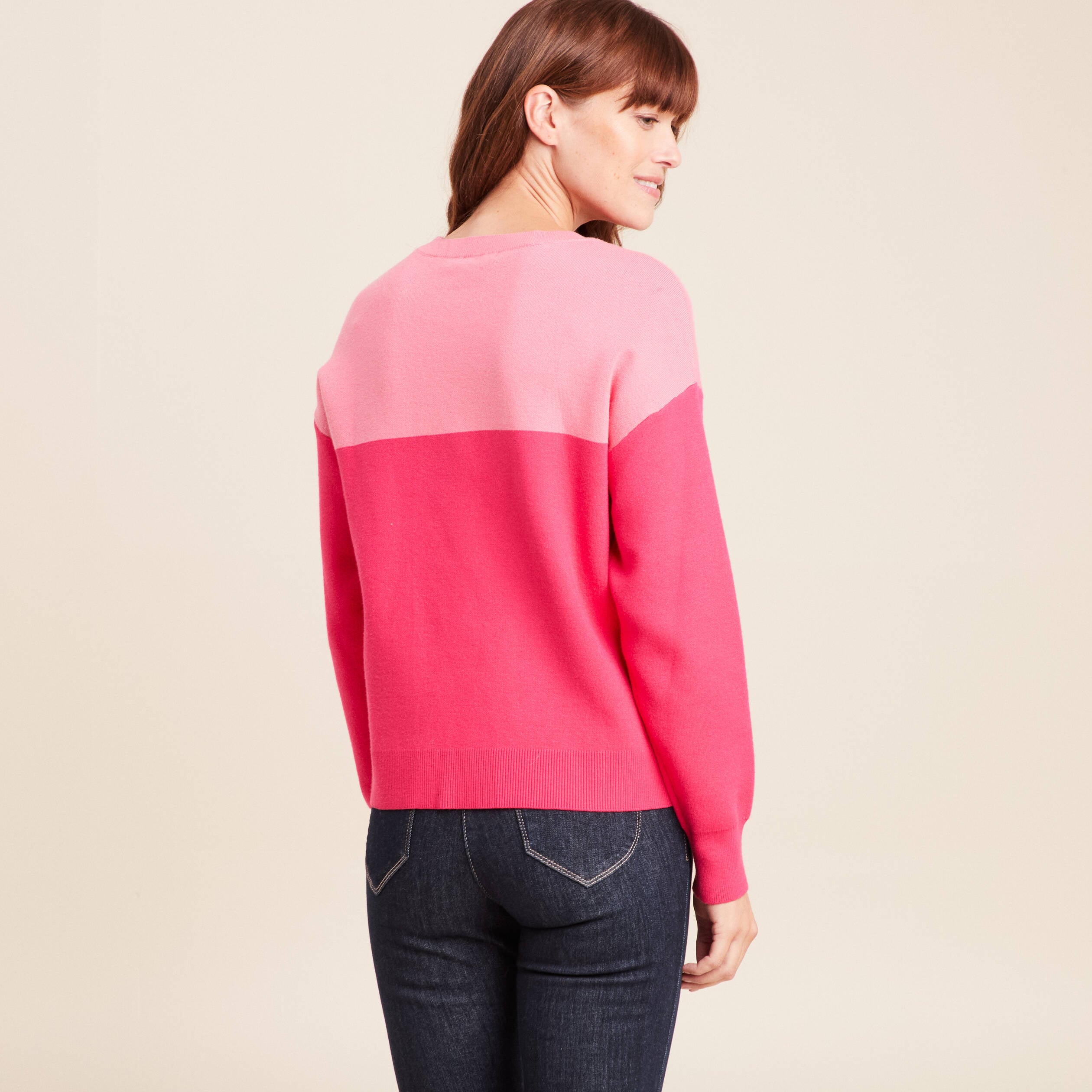 Pull col rond manches longues rose fushia femme