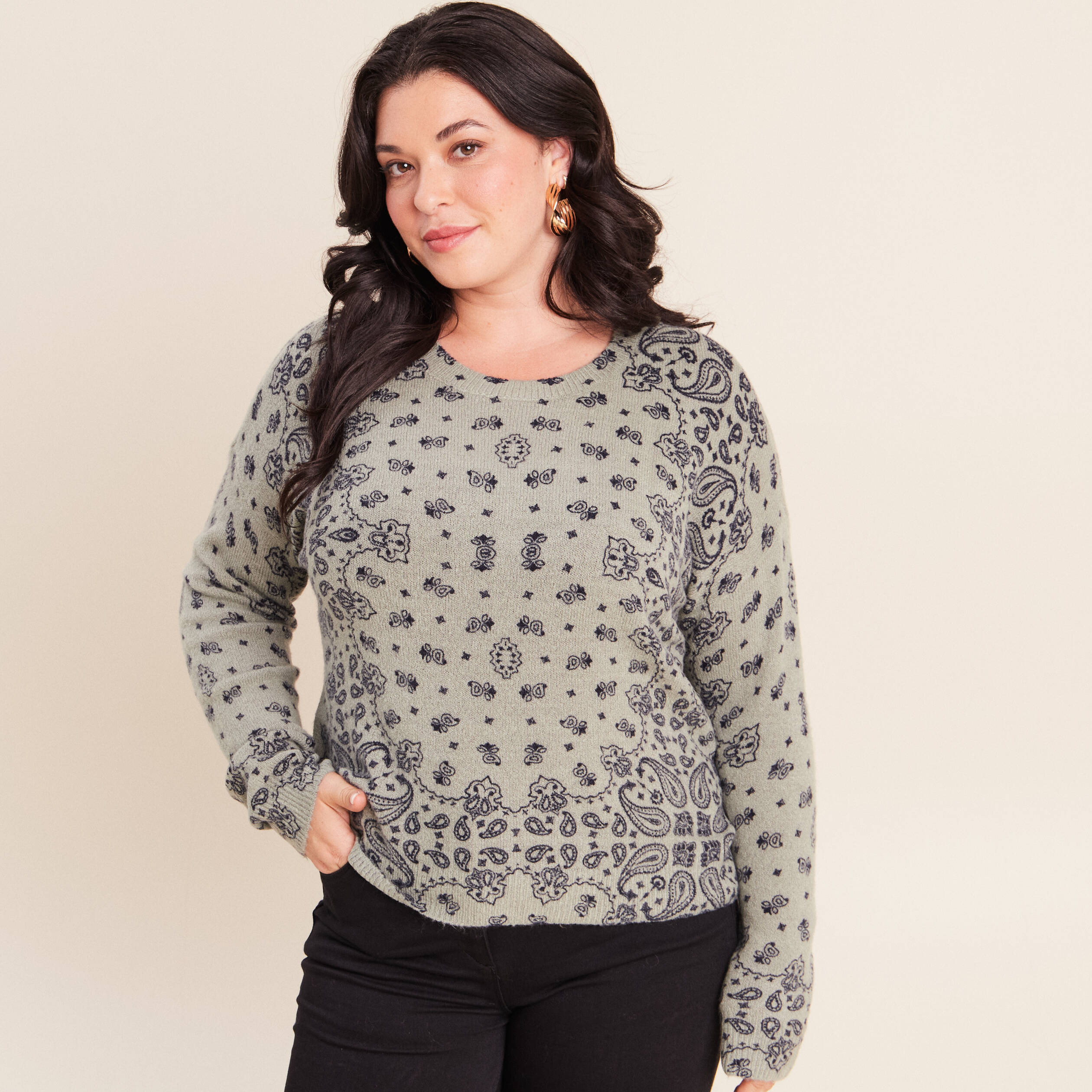Pull col rond vert femme