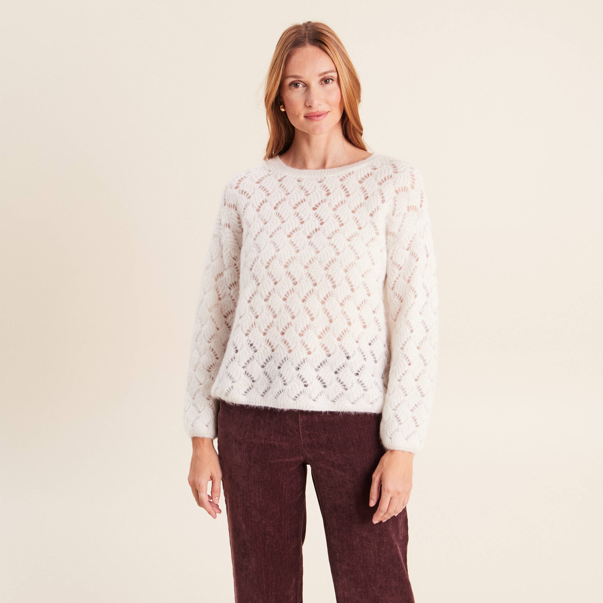 Pull manches longues ajour&eacute; ecru femme