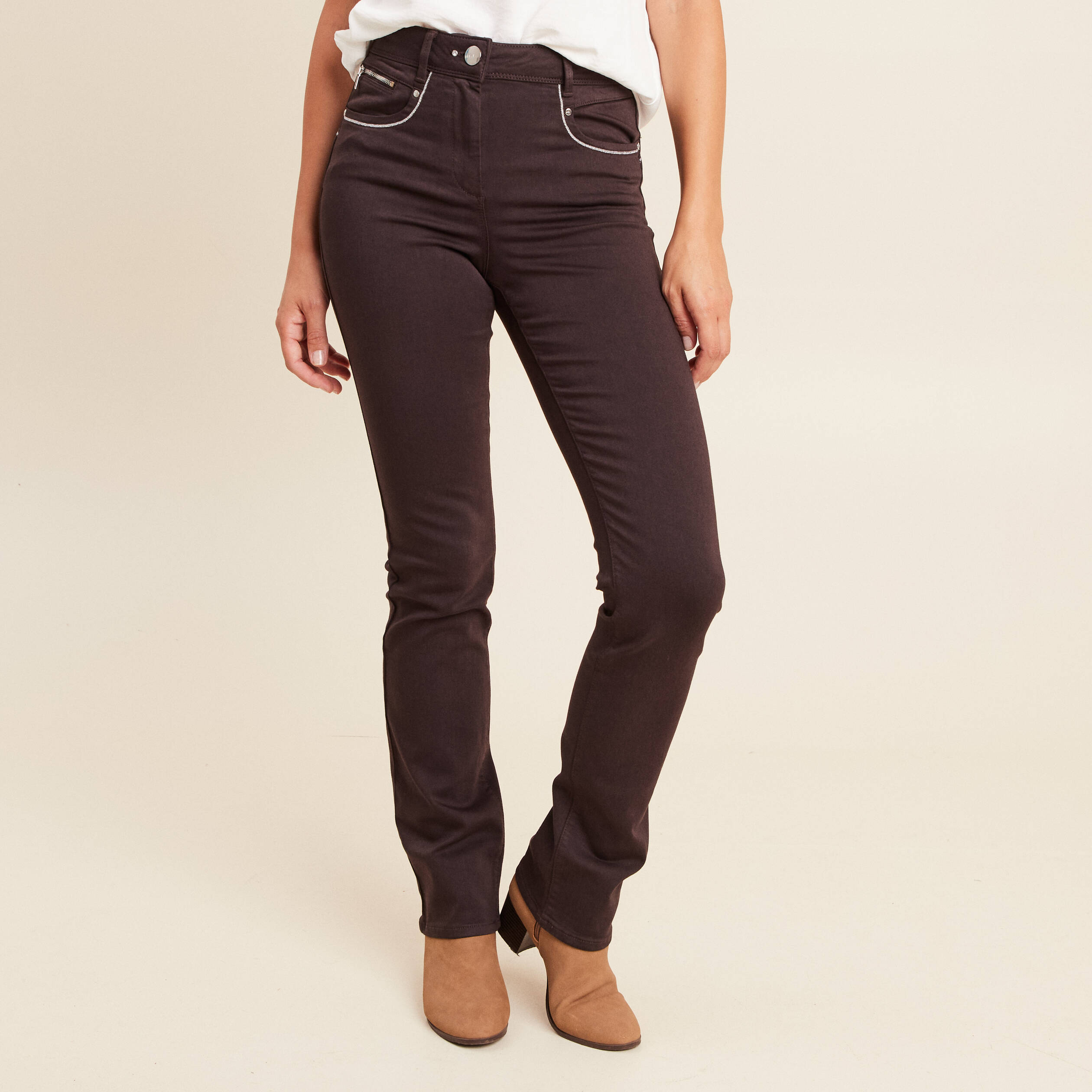 Pantalon droit taille haute marron fonc&eacute; femme