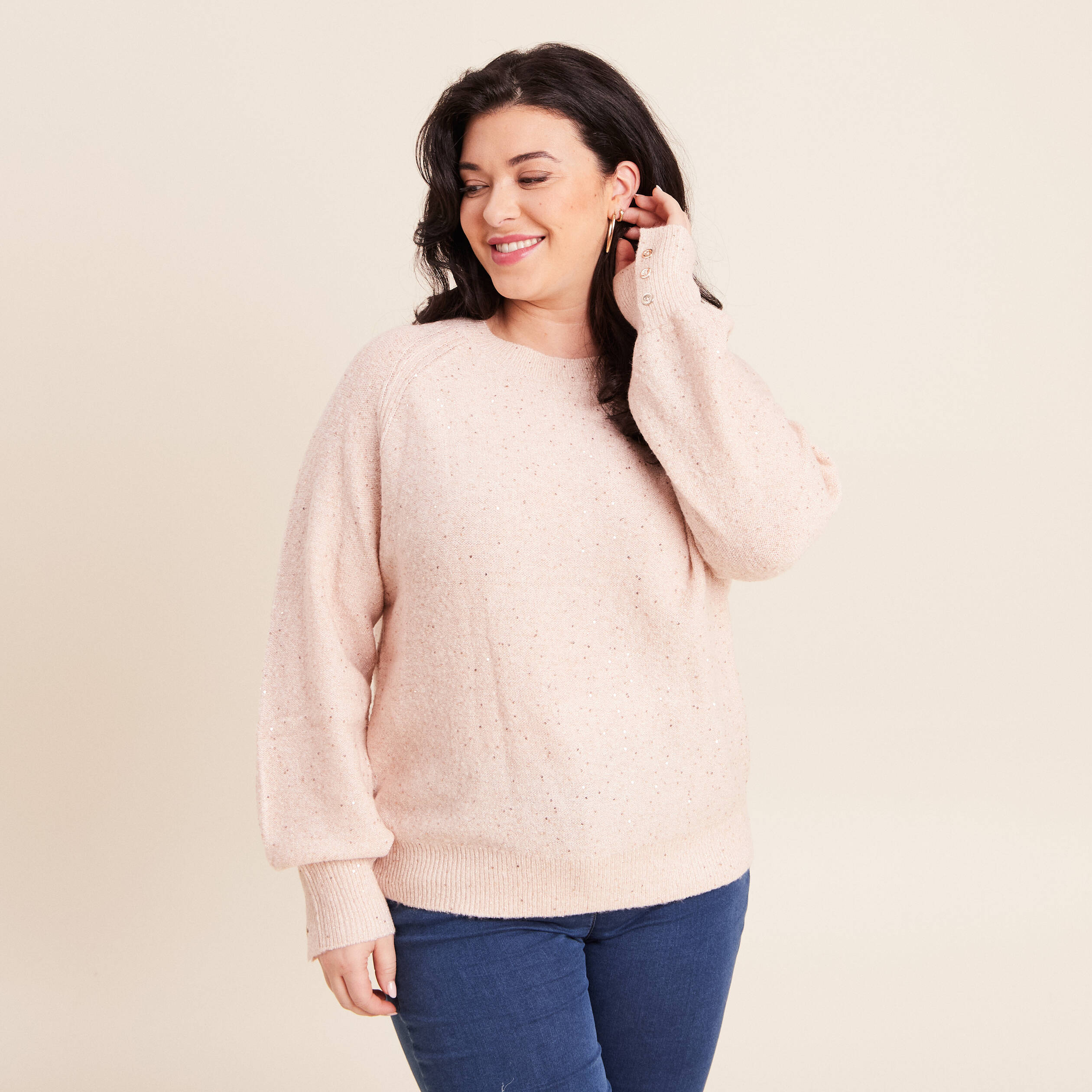 Pull col rond manches longues à sequins rose poudrée femme Vibs