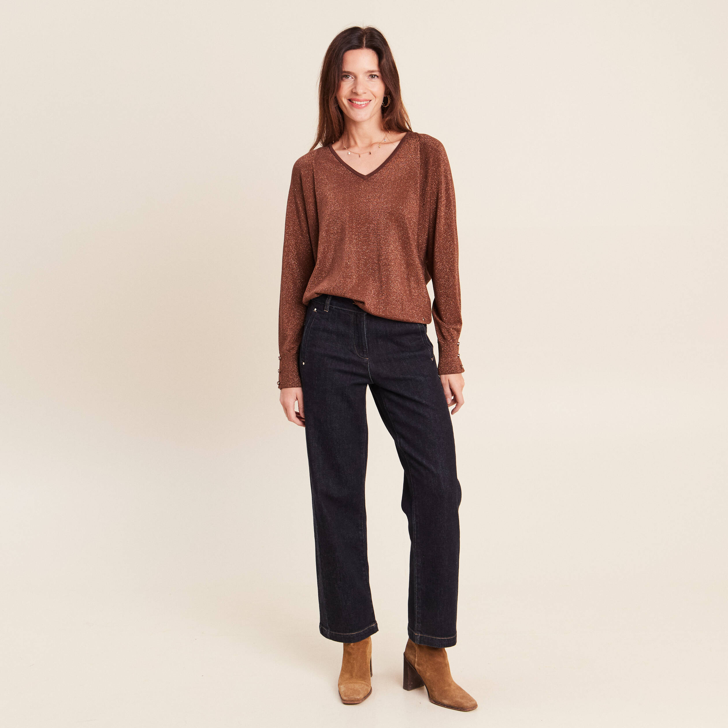 Pull manches longues marron femme