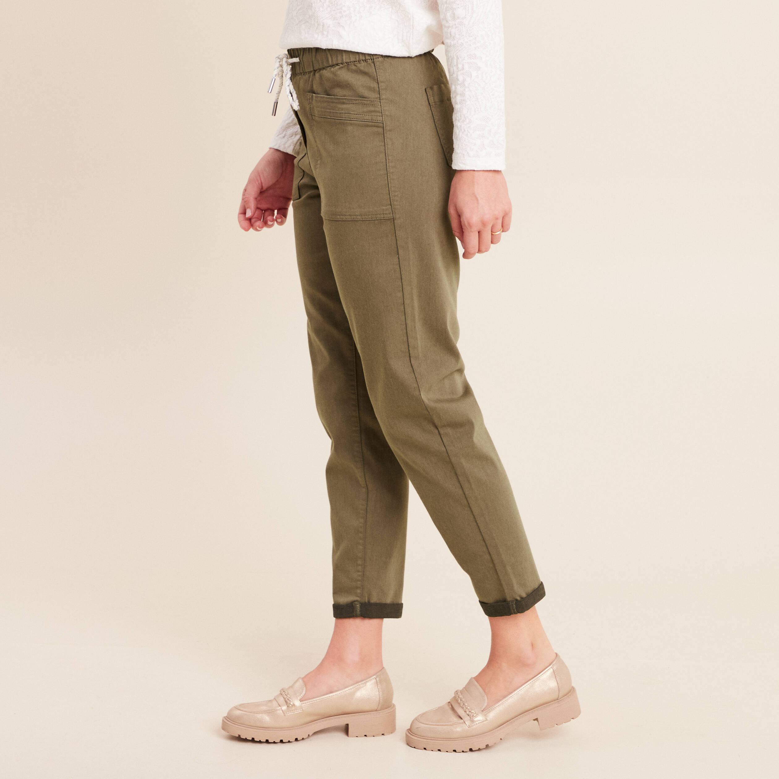 Pantalon coupe mom 7/8&egrave;me vert kaki femme