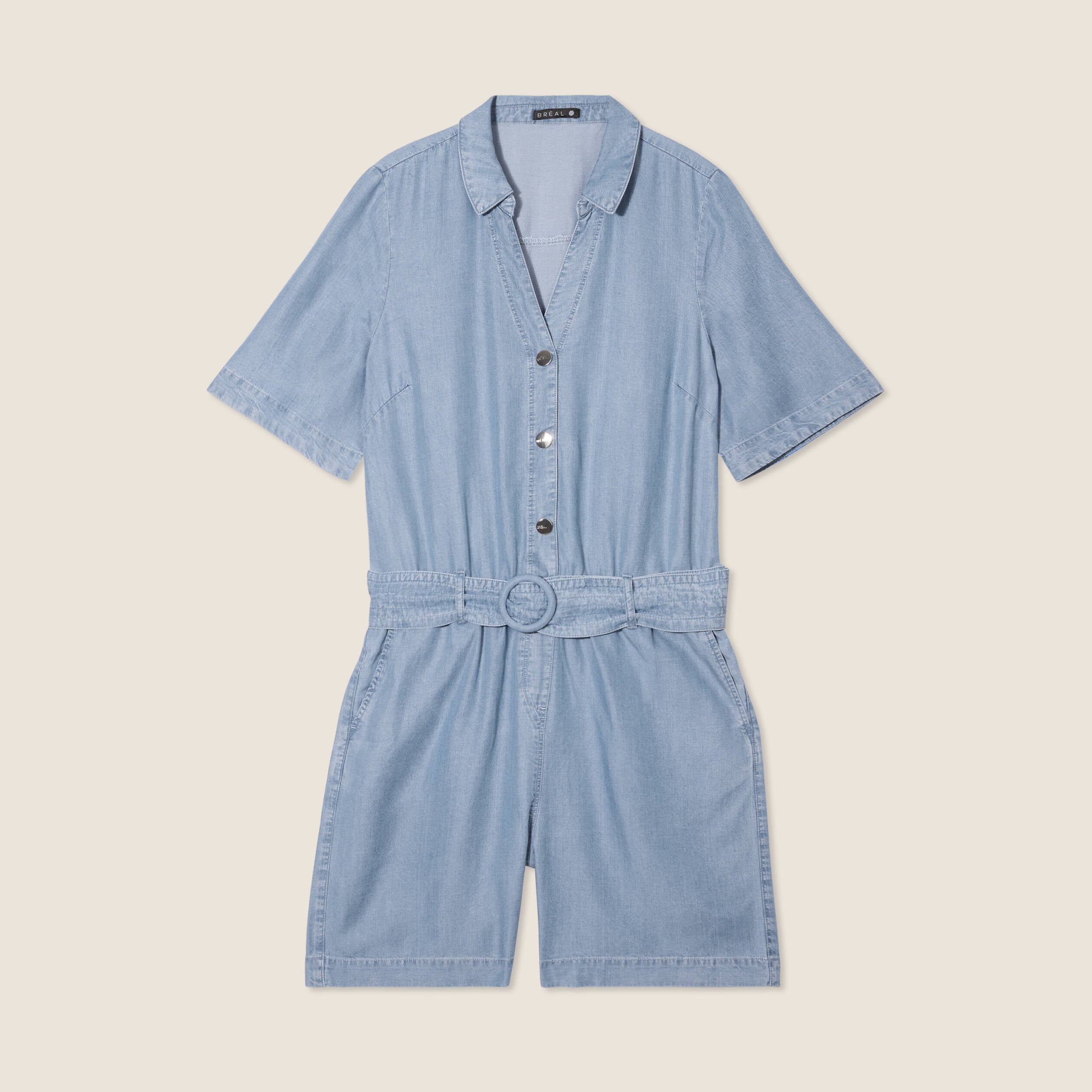Combishort ceintur&eacute;e denim double stone femme