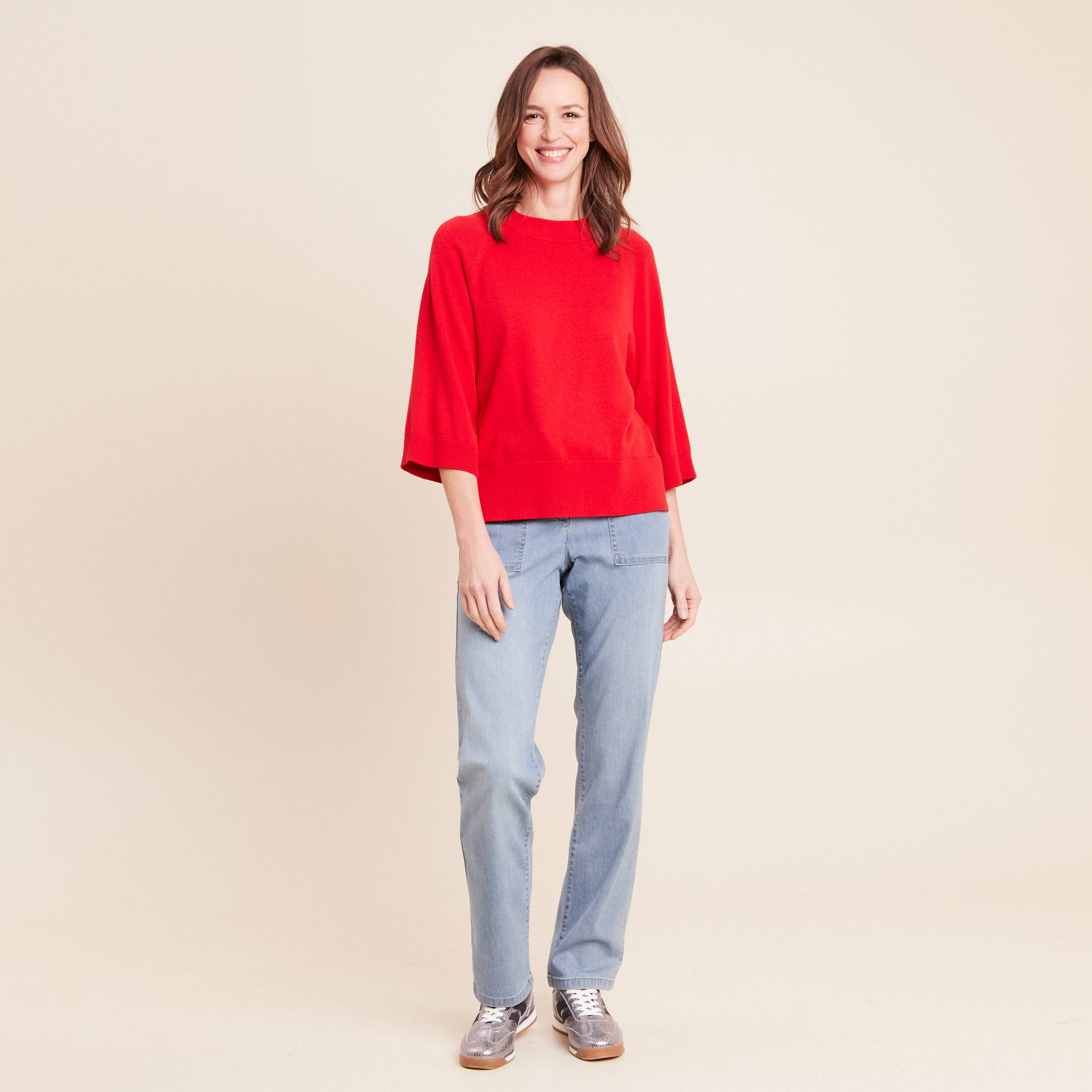 Pull fin col rond manches coudes rouge fluo femme