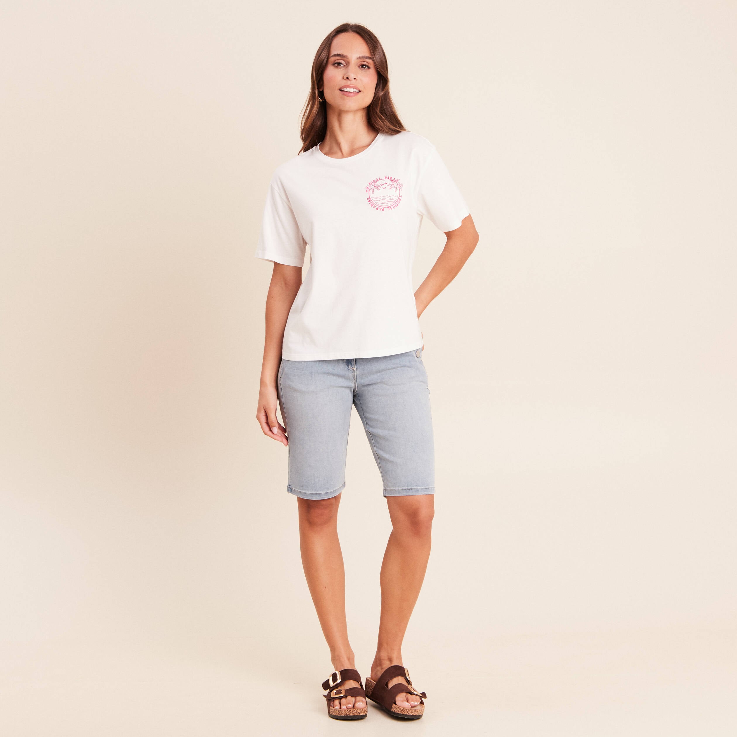 Bermuda ajust&eacute; denim double stone femme