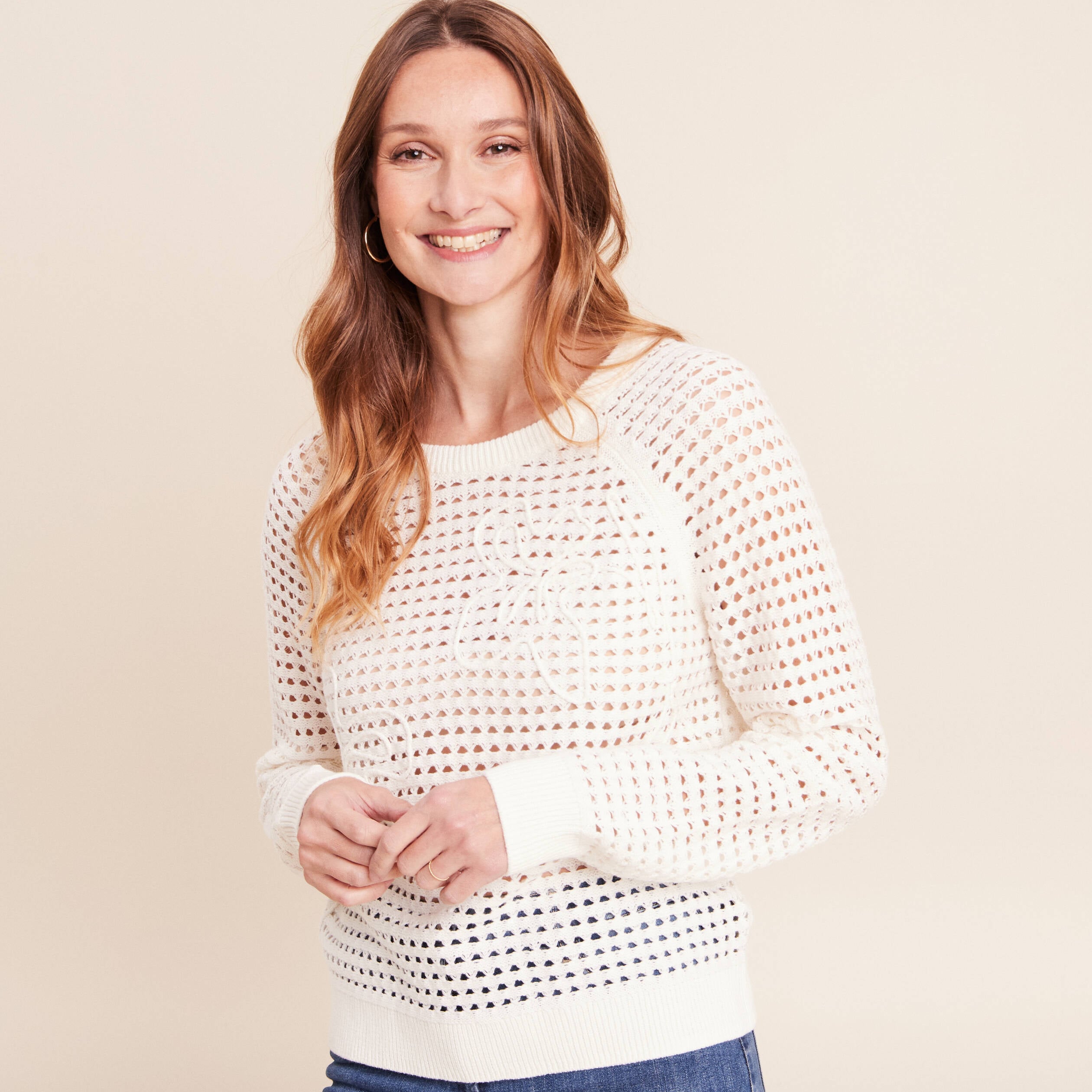 Pull col rond manches longues dentelle ecru femme