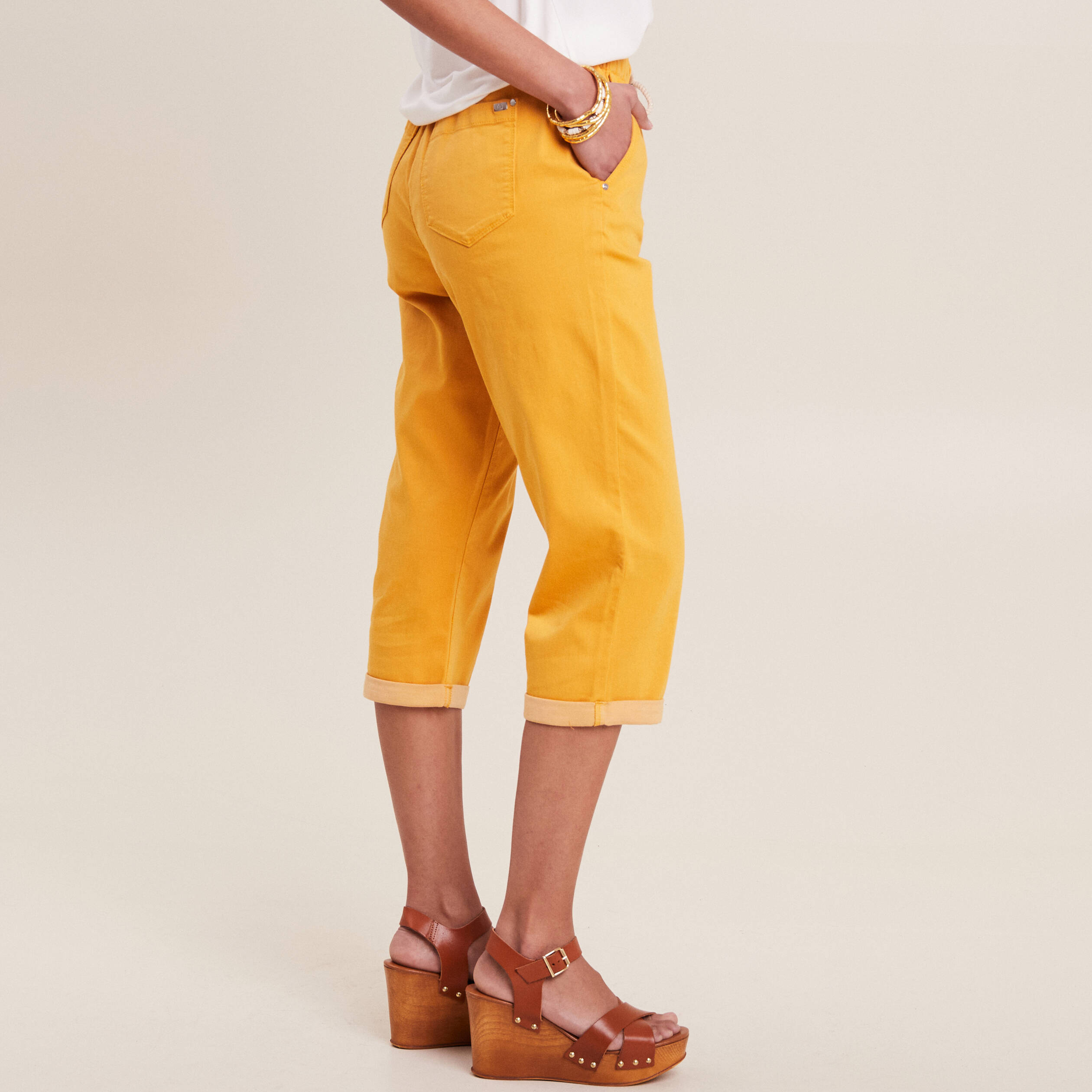 pantacourt large taille haute jaune moutarde femme Pantacourt large taille haute jaune moutarde femme