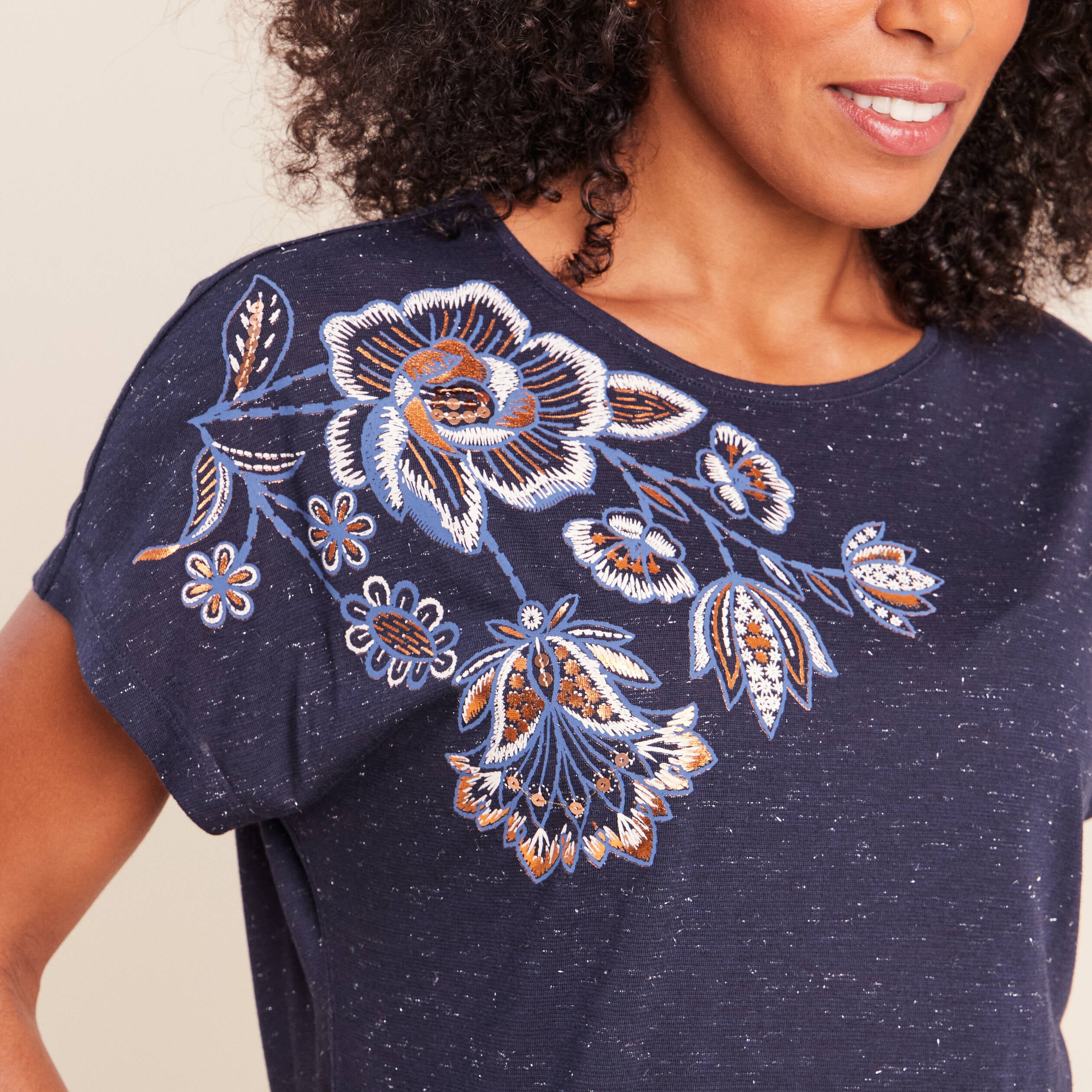 T-shirt &agrave; sequins manches courtes bleu marine femme