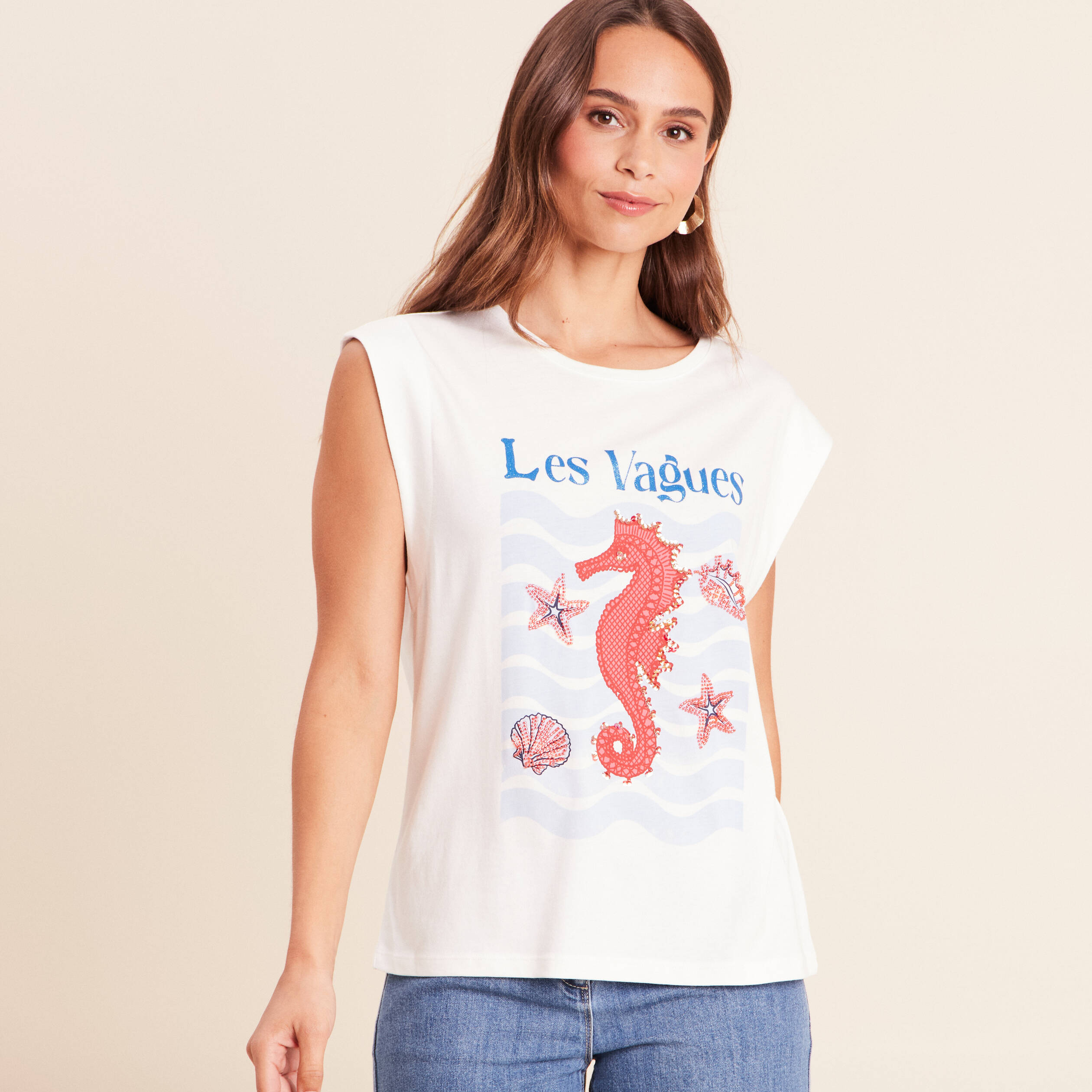 T-shirt sans manches ecru femme
