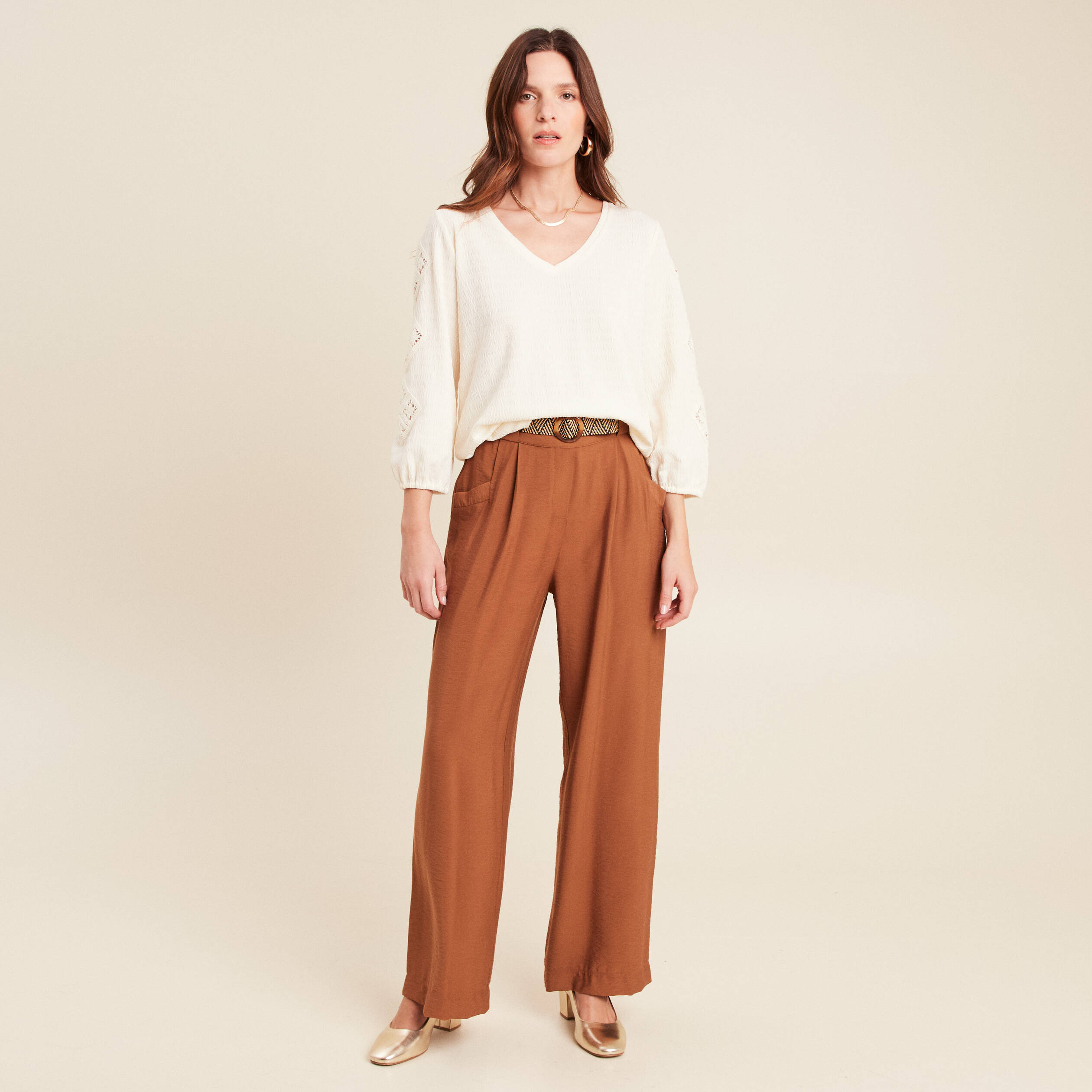 blouse macramé col V manches 3/4 ecru femme