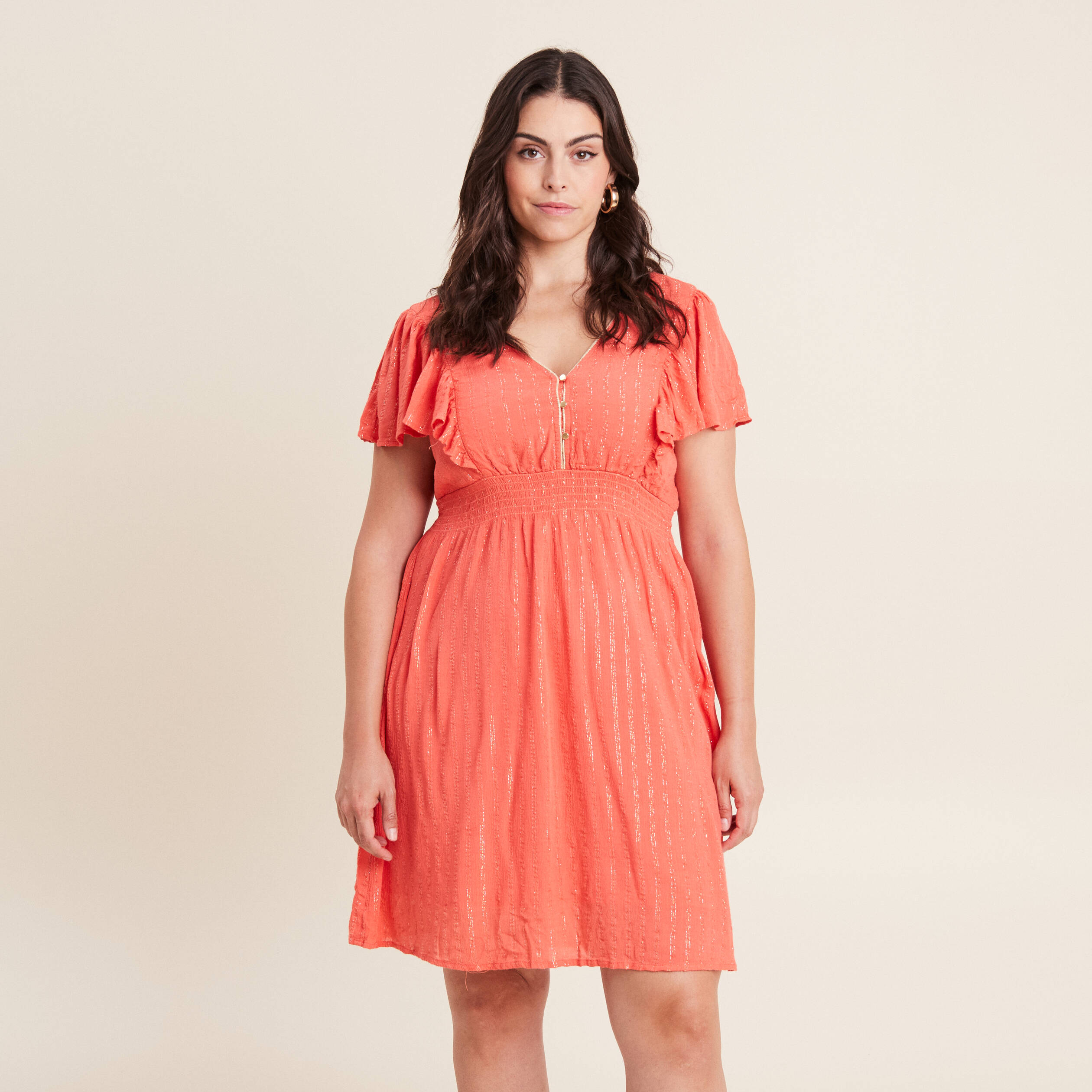 robe droite fluide smockee orange clair femme Robe droite fluide smockée orange clair femme
