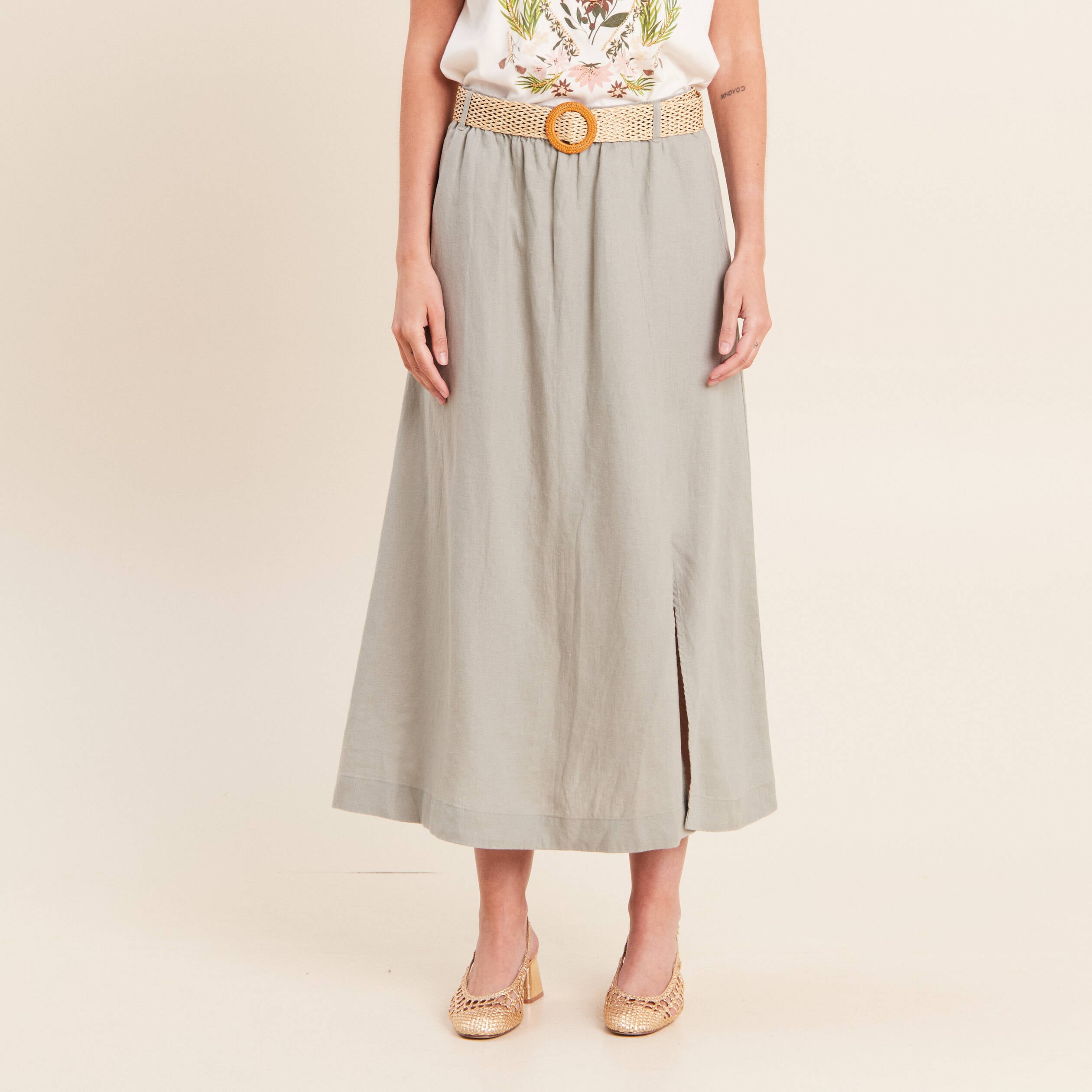 Jupe aspect lin avec ceinture amovible vert clair femme