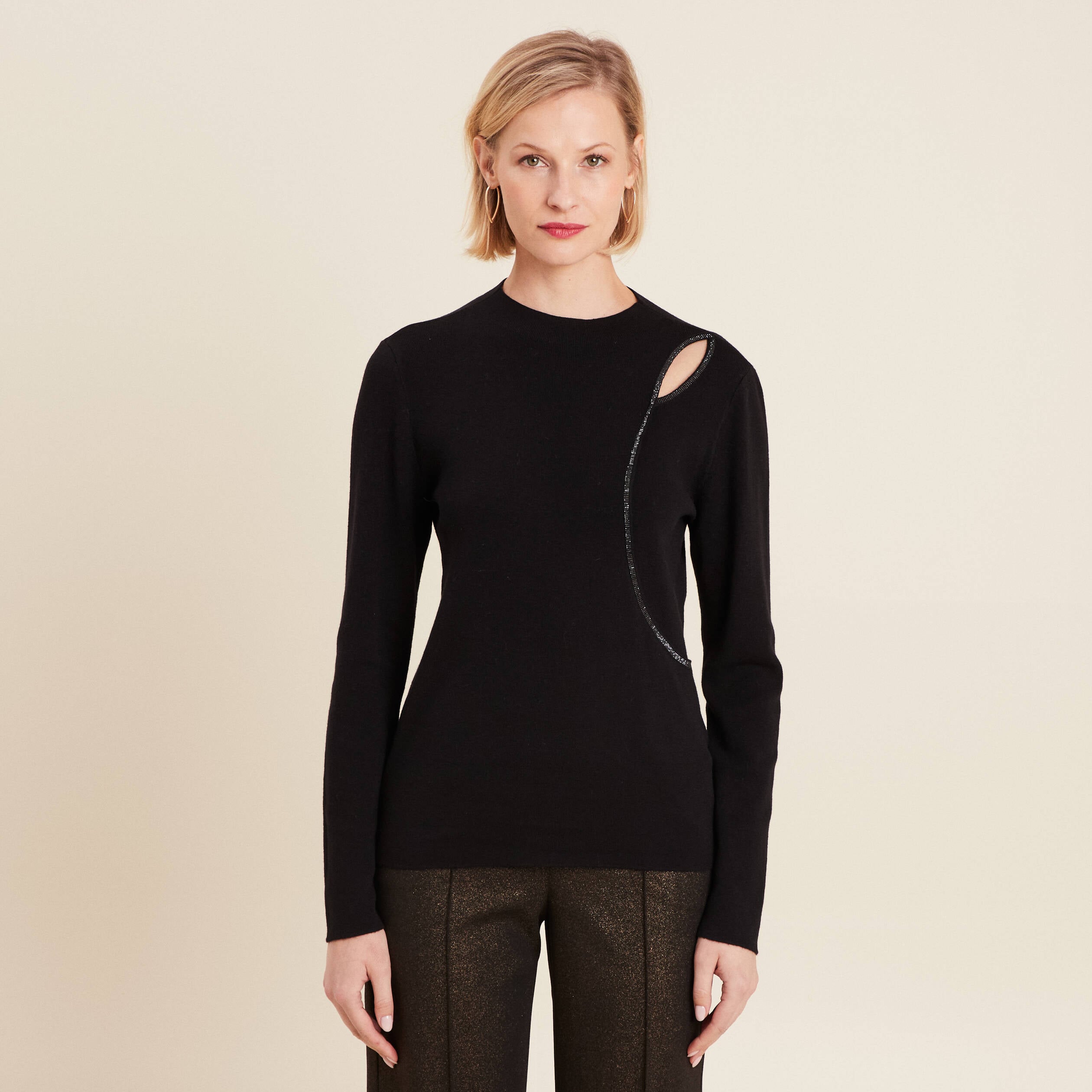 Pull manches longues strass noir femme