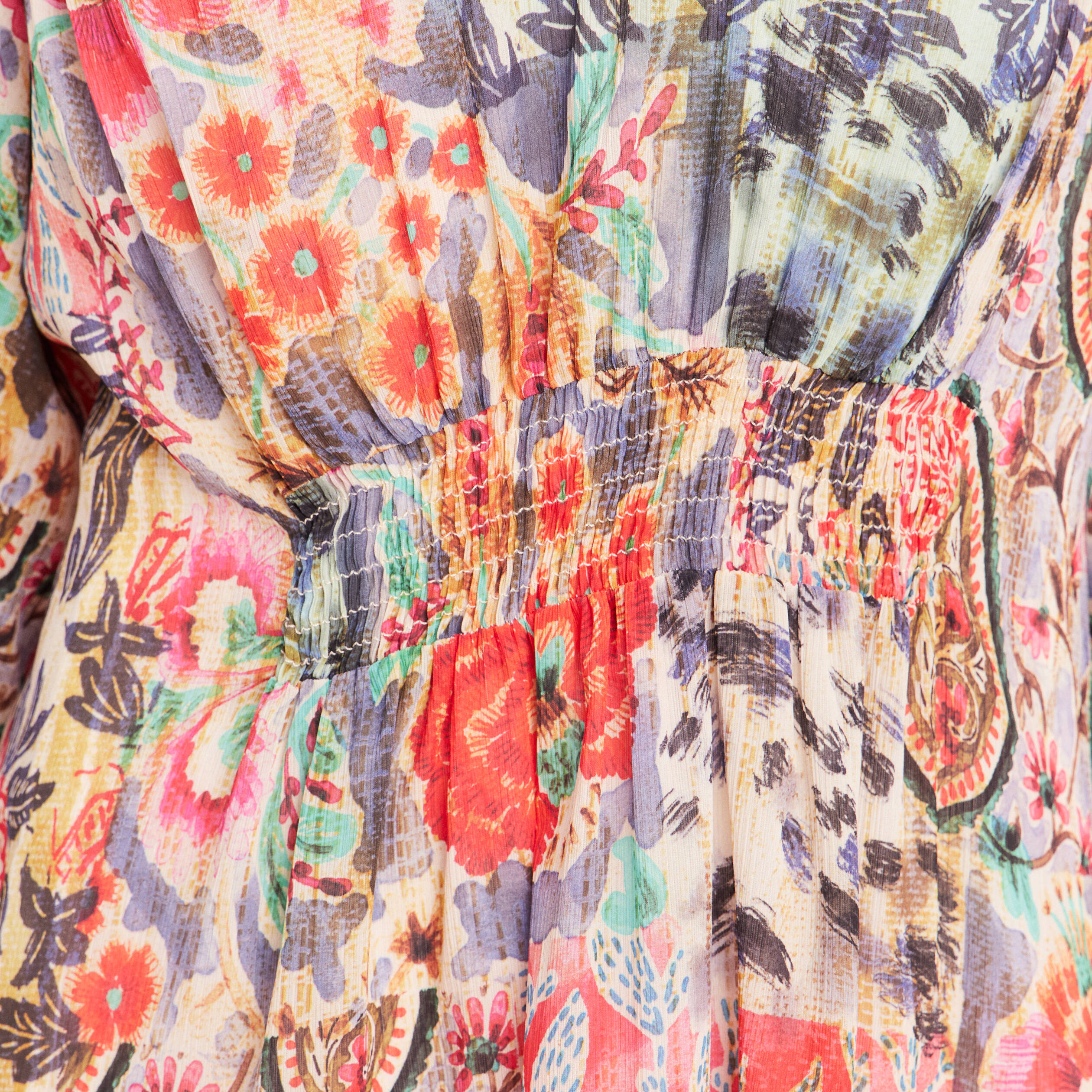 Robe courte &eacute;vas&eacute;e col v manches 3/4 multicolore femme