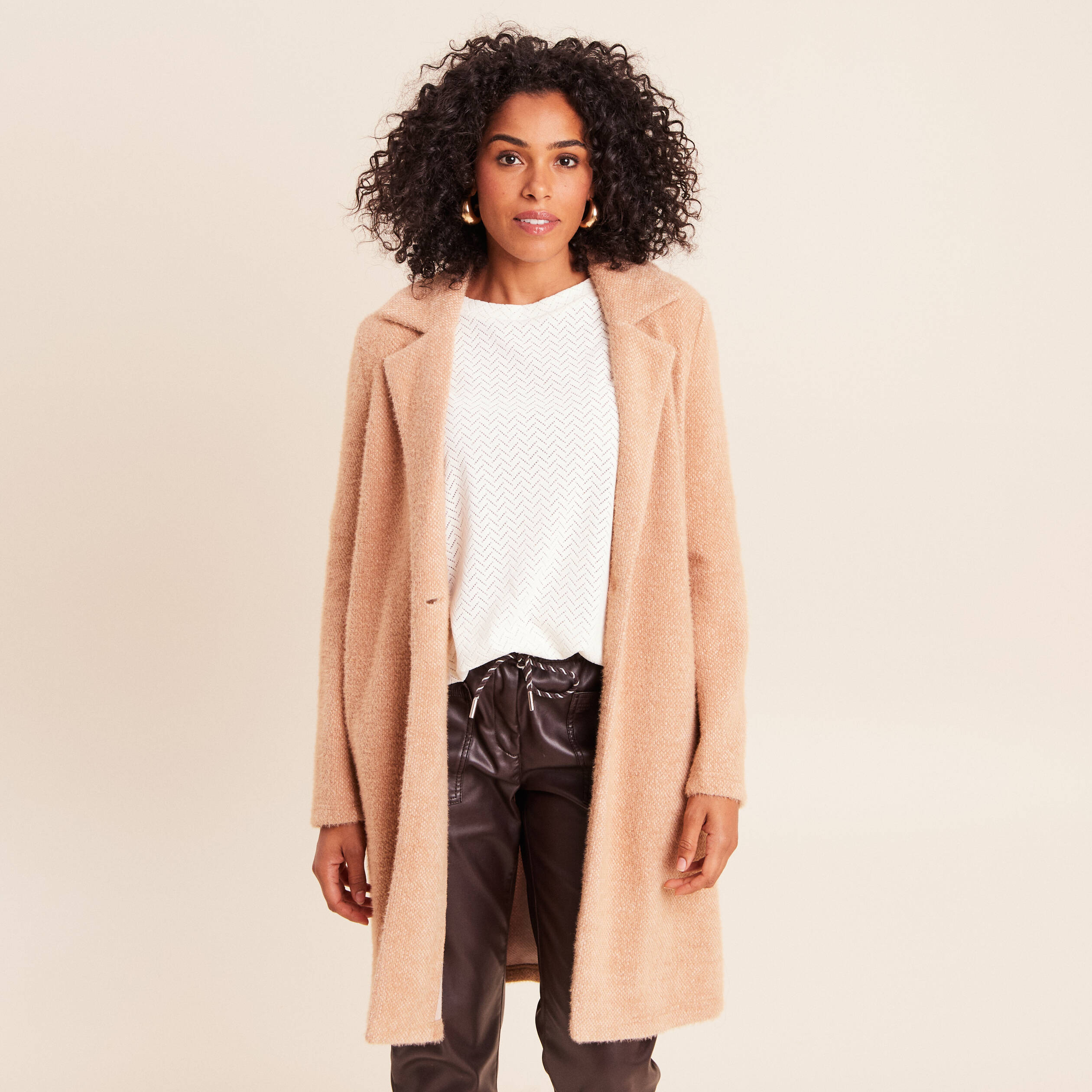 Gilet long boutonn&eacute; marron clair femme