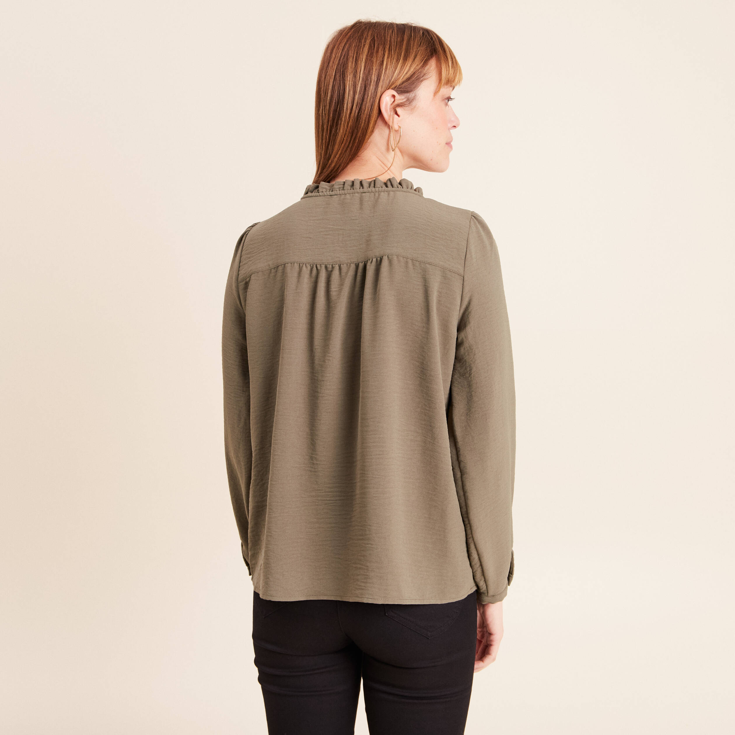 Blouse manches longues col ras du cou vert kaki femme