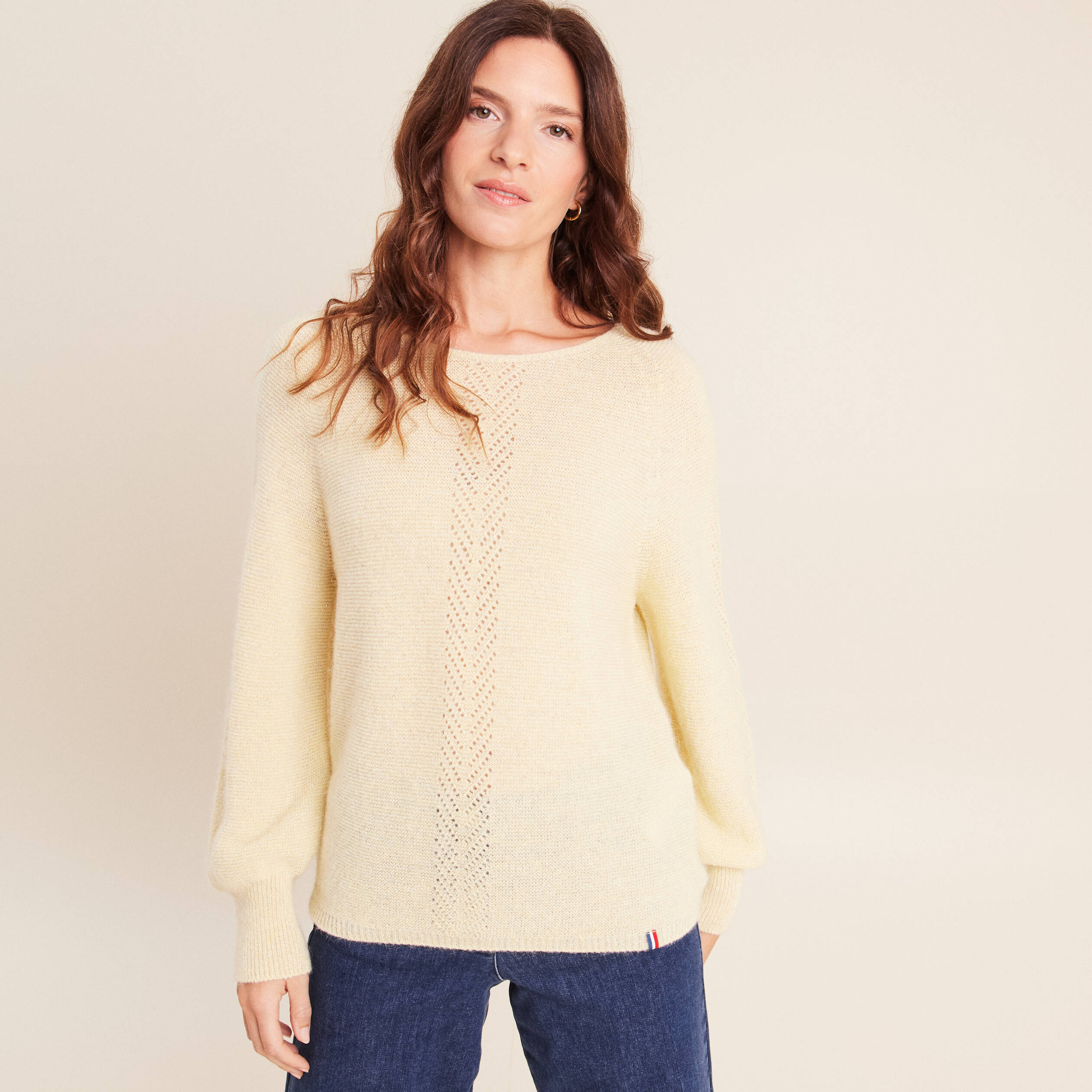 Pull droit col rond manches longues jaune pastel femme