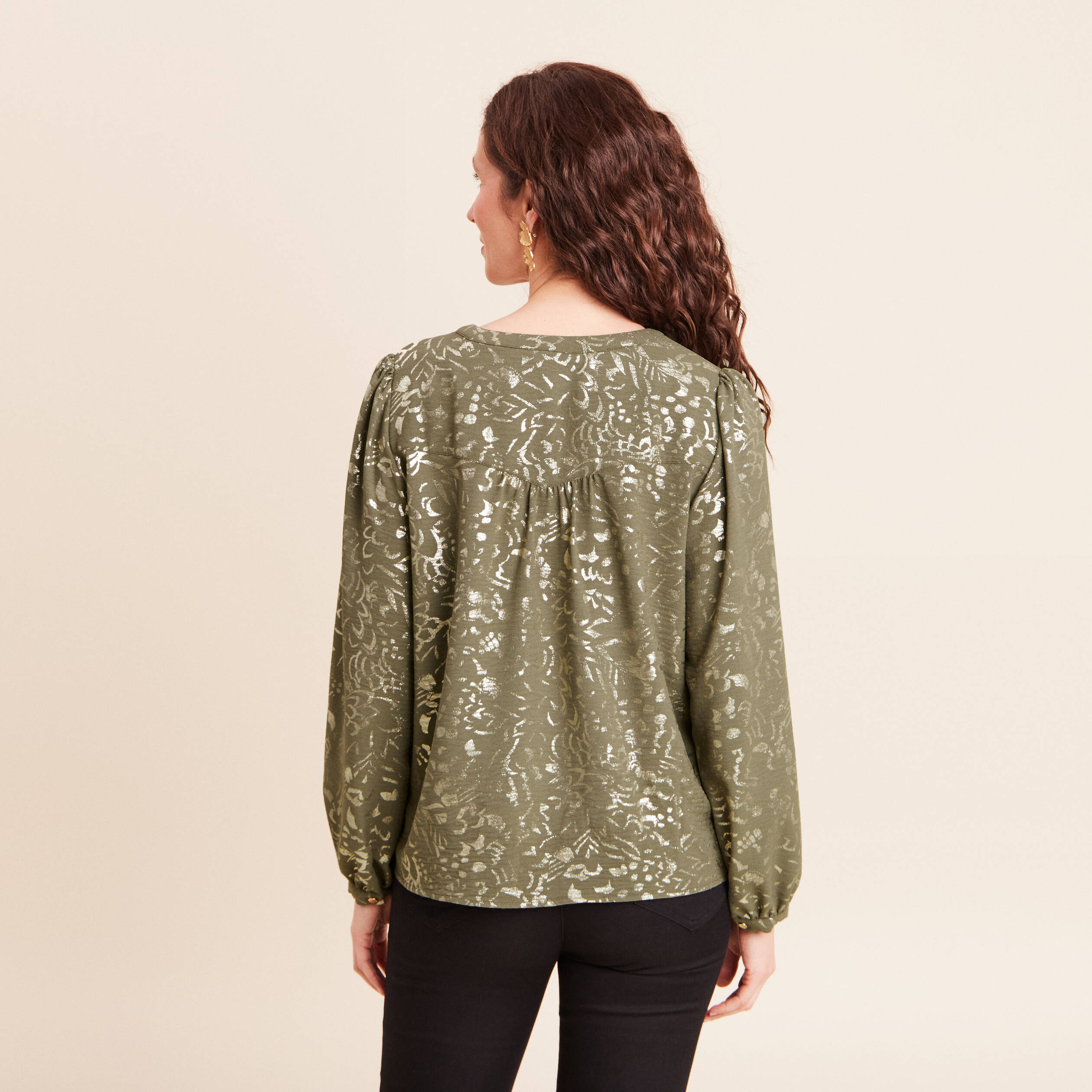 Blouse ample col v manches longues vert kaki femme