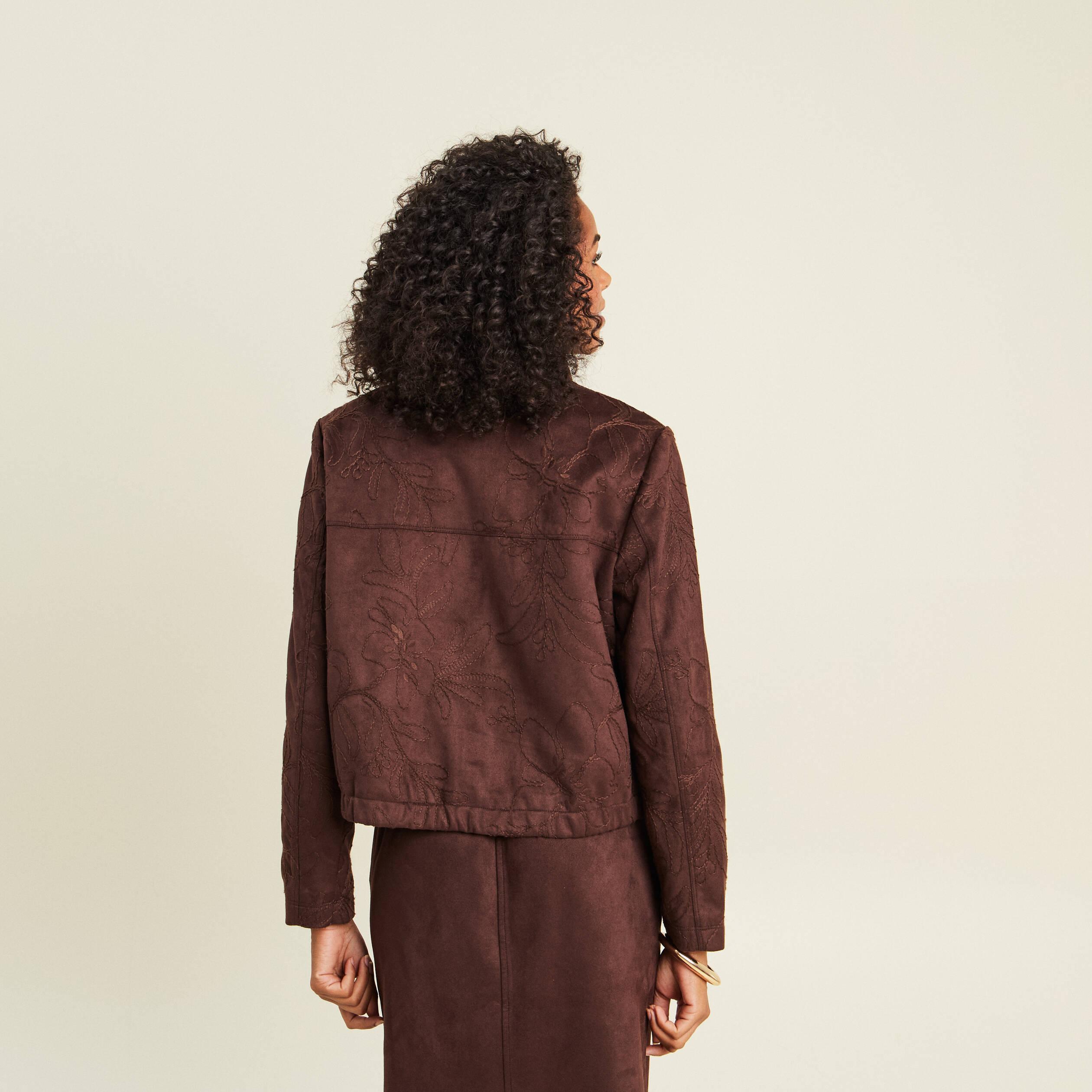Veste col montant doubl&eacute;e marron fonc&eacute; femme