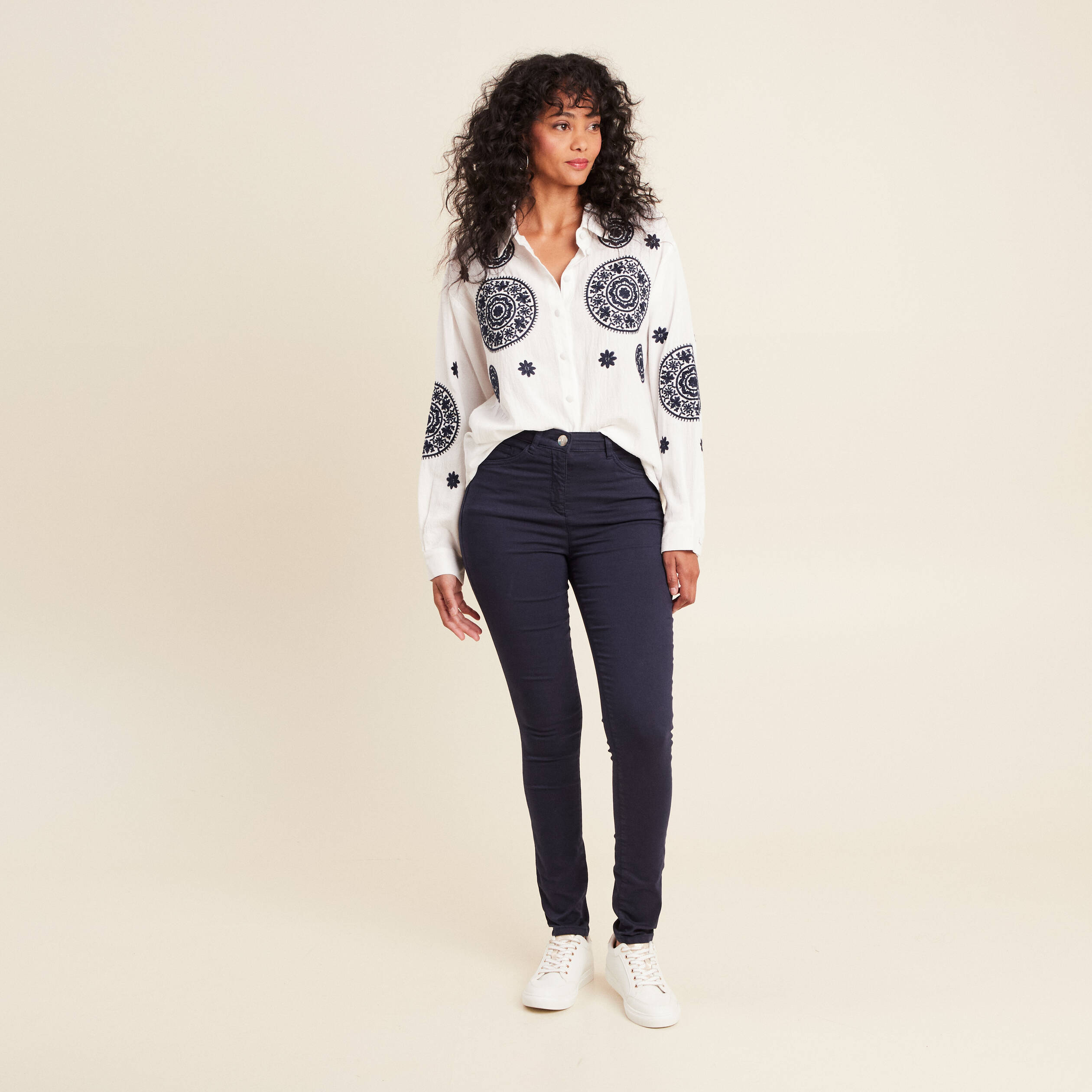 Pantalon léger taille haute long bleu marine femme