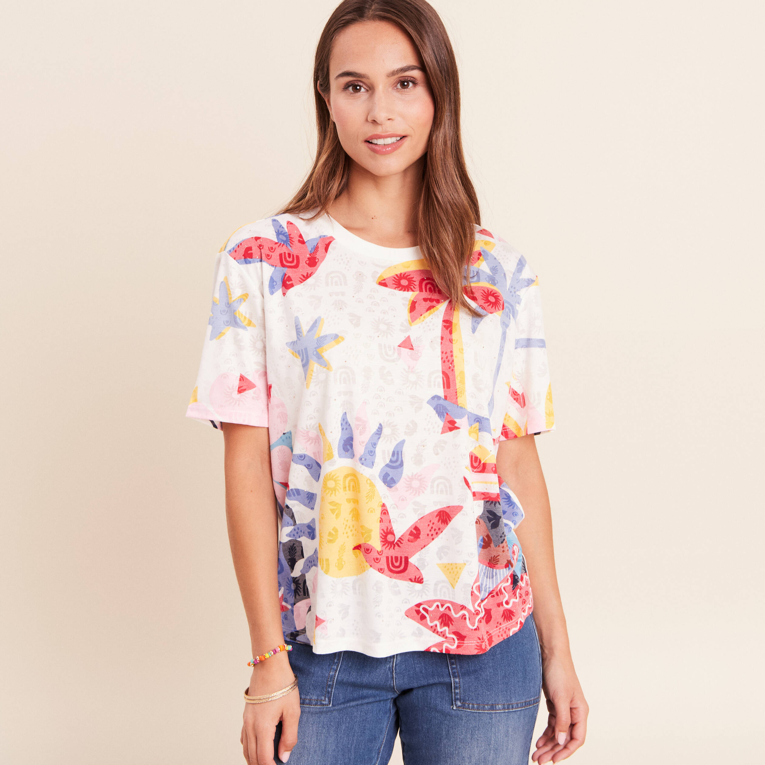 T-shirt ample col rond manches courtes blanc femme