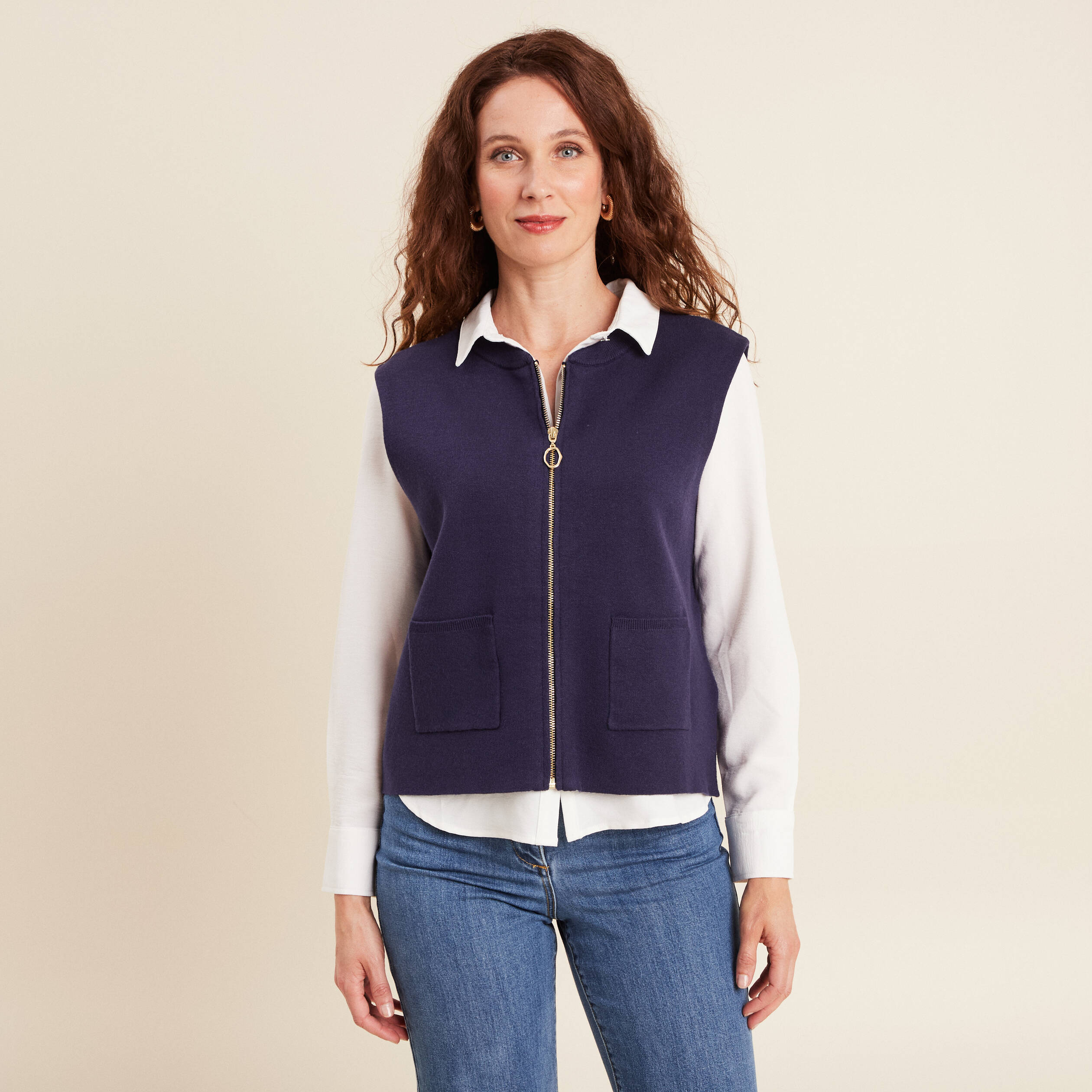 gilet droit court sans manches bleu marine femme Gilet droit court sans manches bleu marine femme