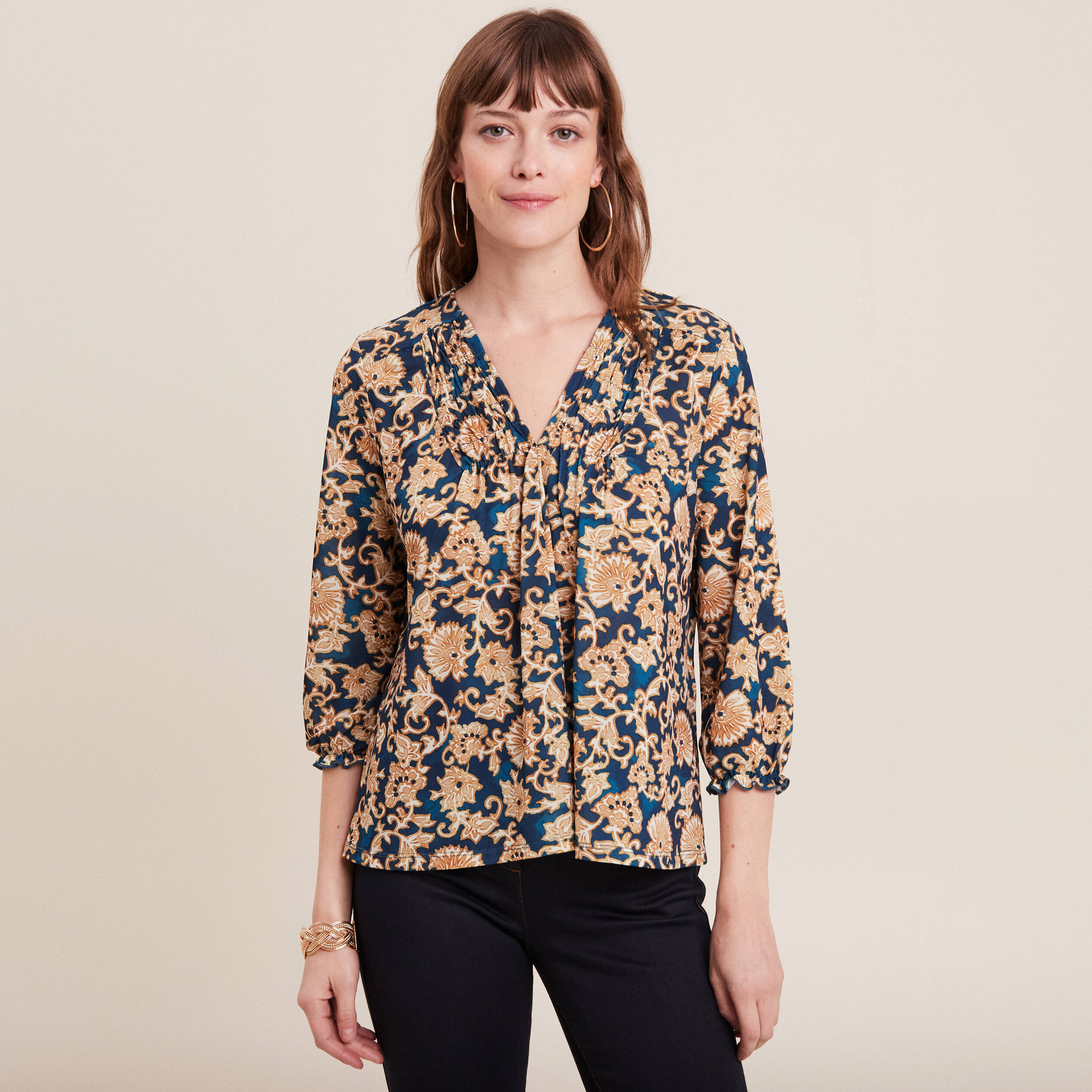 blouse manches 34 col smocke bleu fonce femme Blouse manches 3/4 col smocké bleu foncé femme