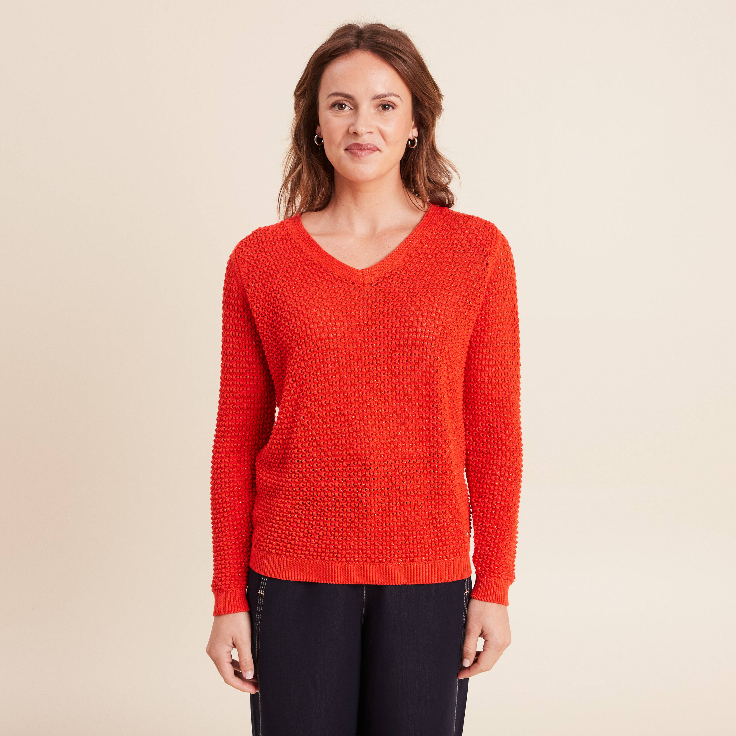 Pull manches longues col en V orange fonc&eacute; femme
