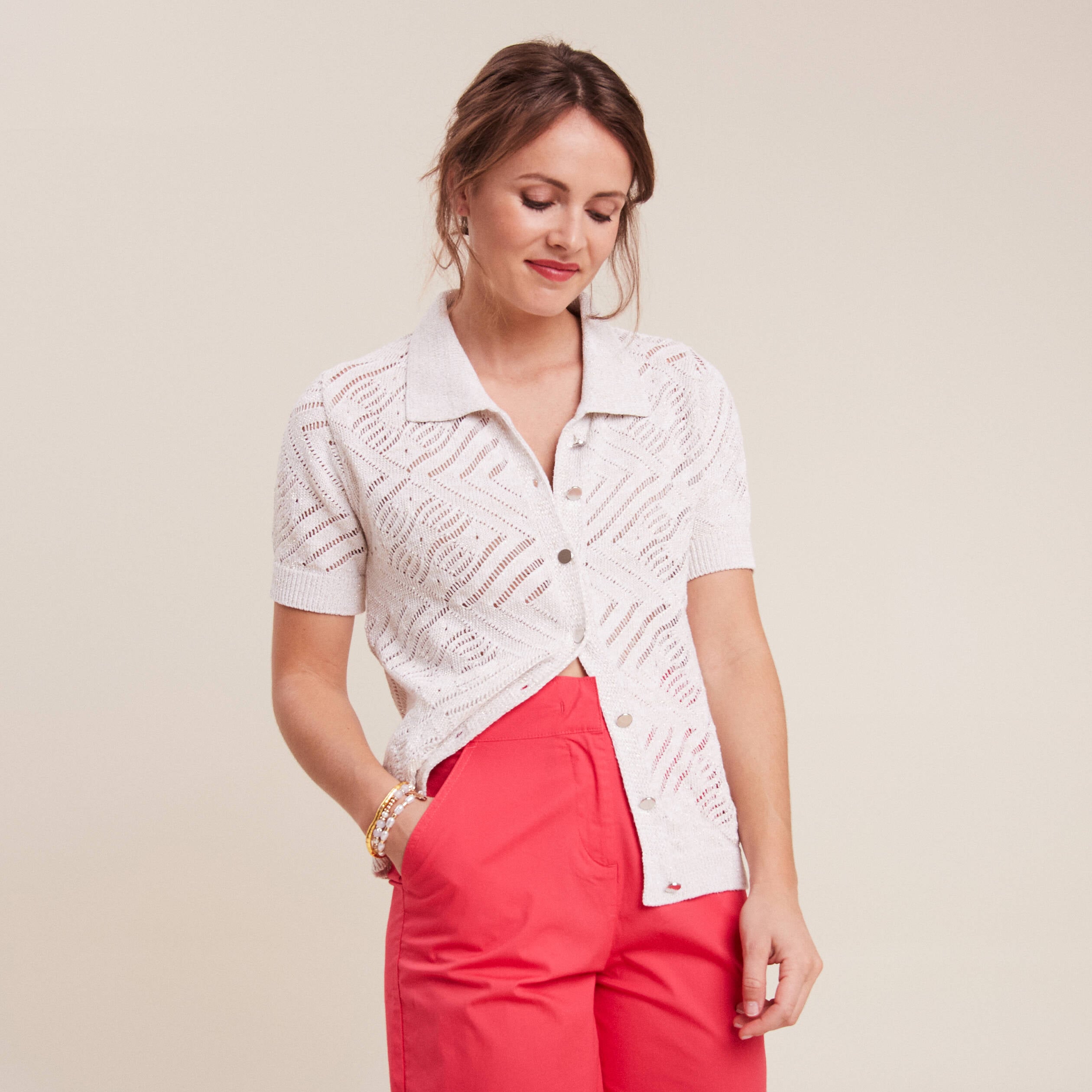 Pull manches courtes col polo ecru femme