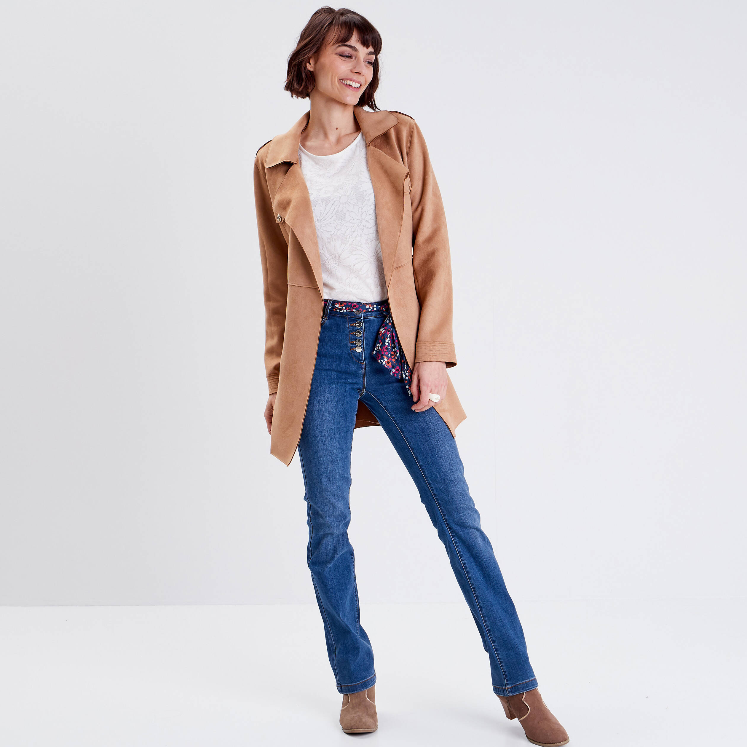 trench droit effet suedine marron femme Trench droit effet suédine marron femme
