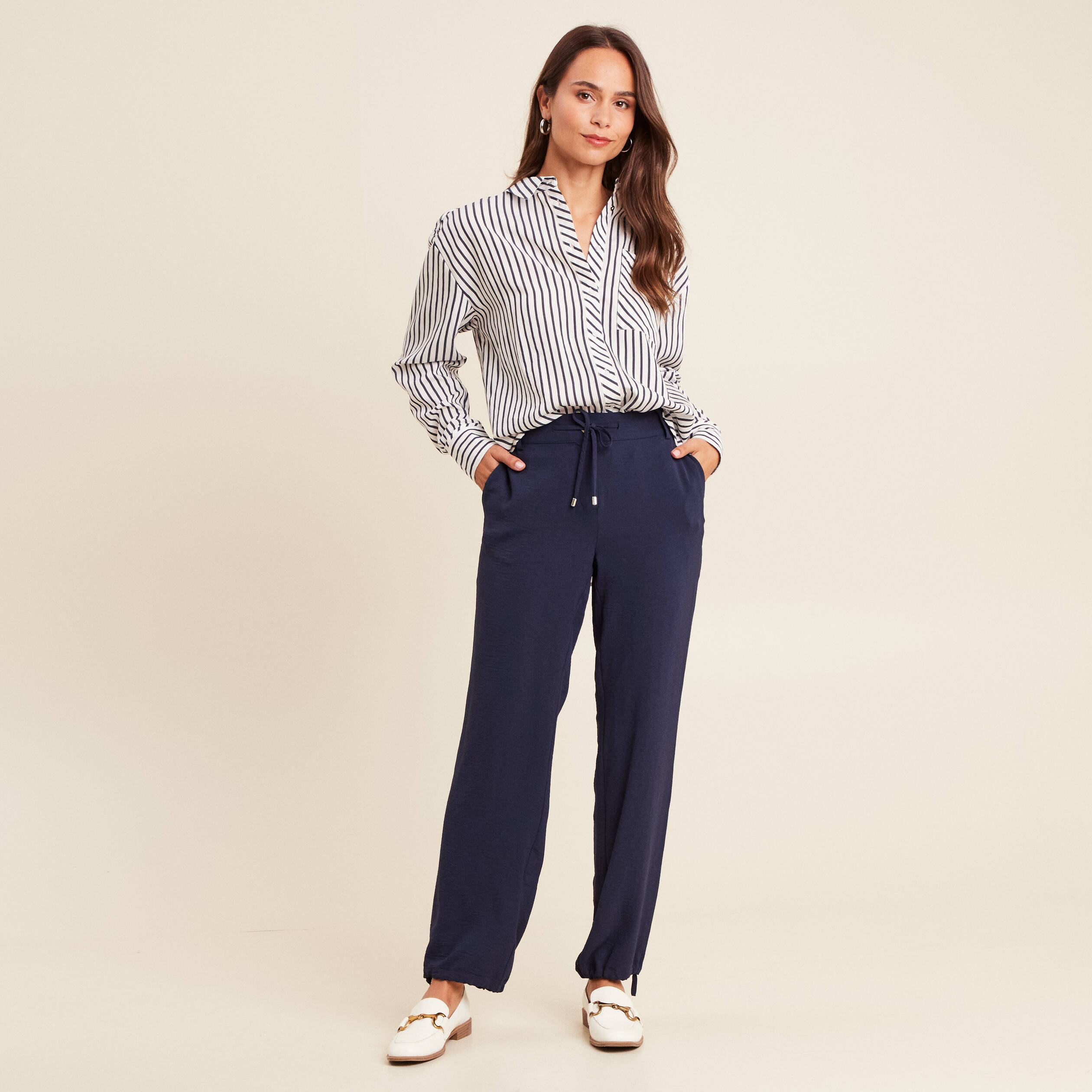 pantalon large taille standard bleu fonce femme Pantalon large taille standard bleu foncé femme