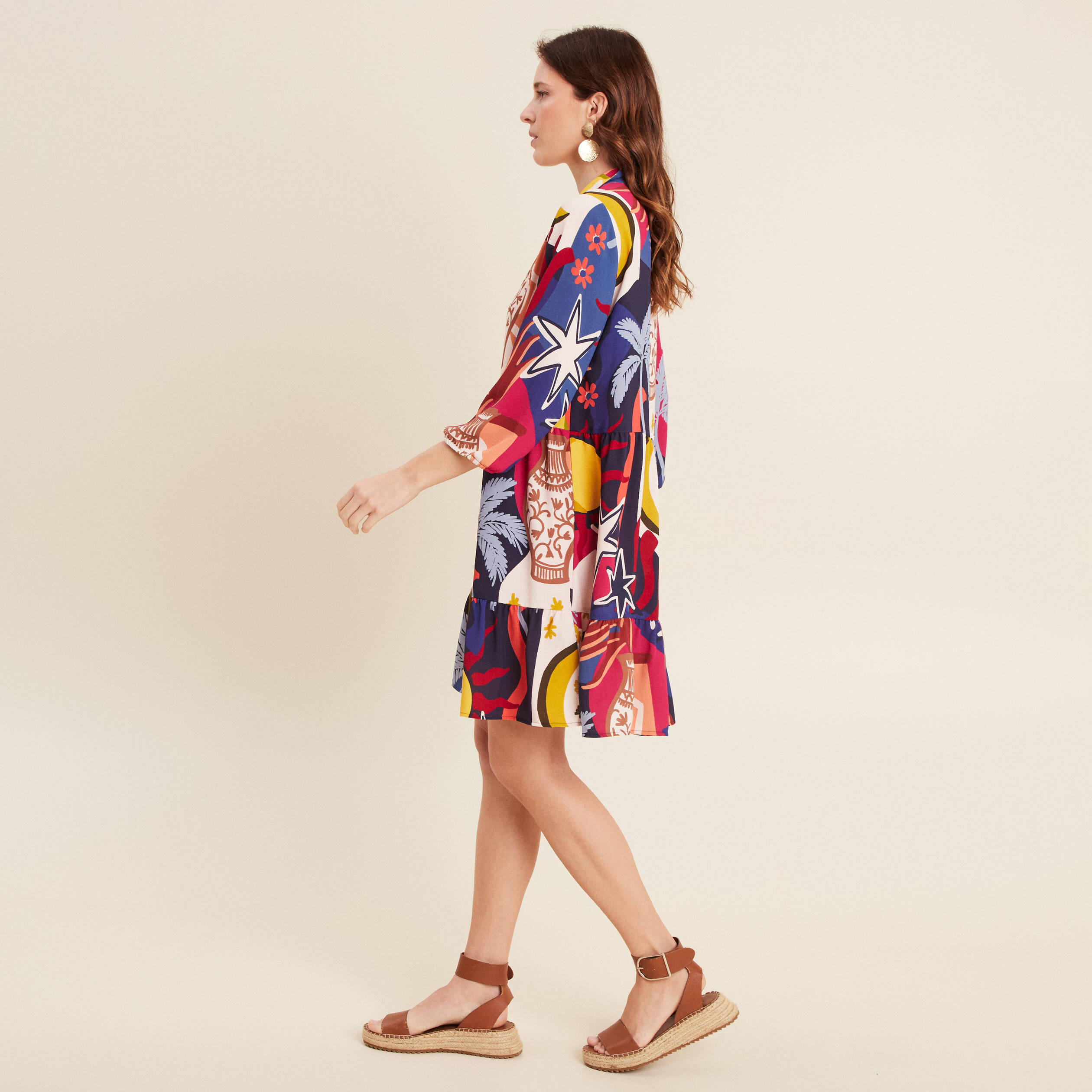 Robe courte &eacute;vas&eacute;e manches 3/4 bleu femme
