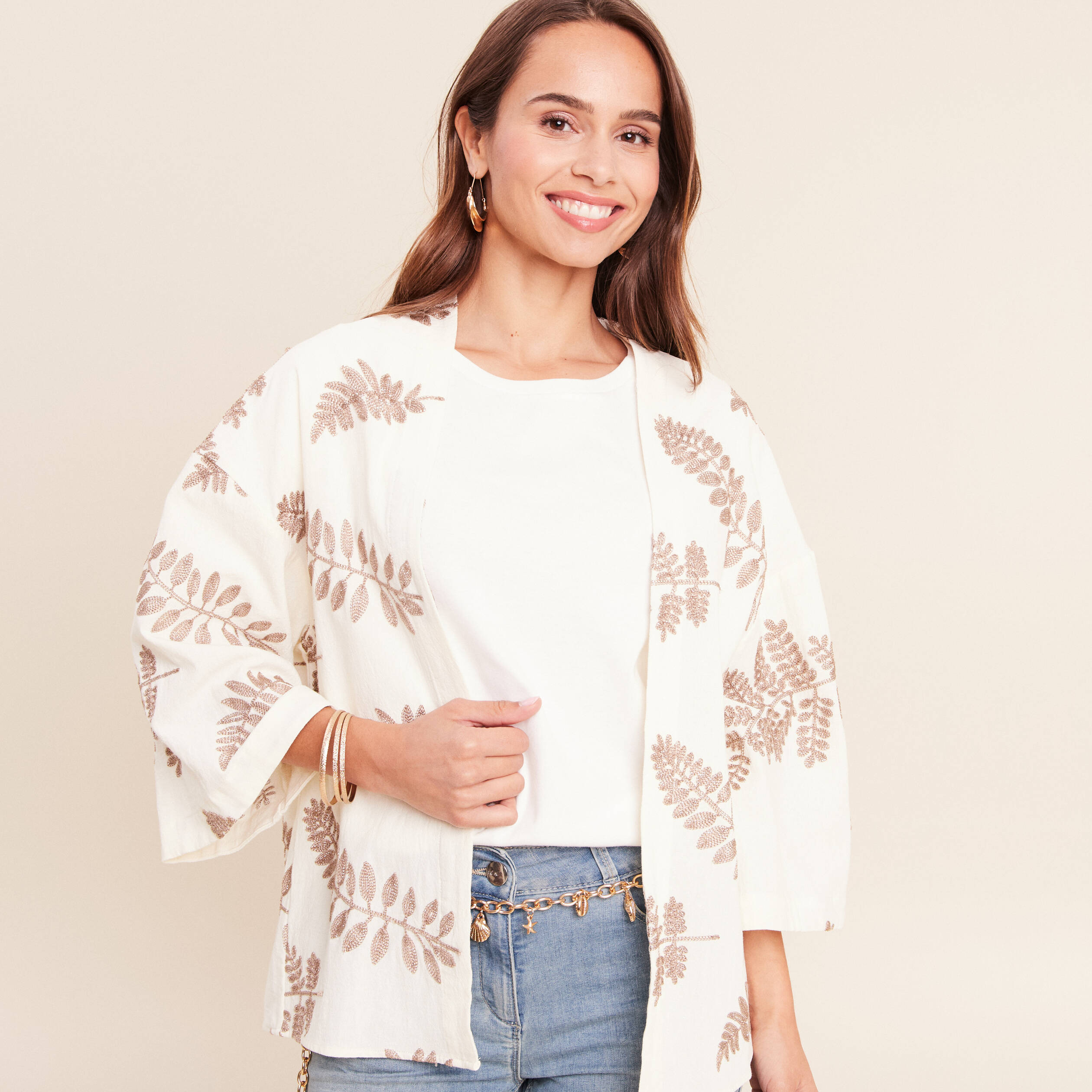 Kimono brod&eacute; manches 3/4 ecru femme