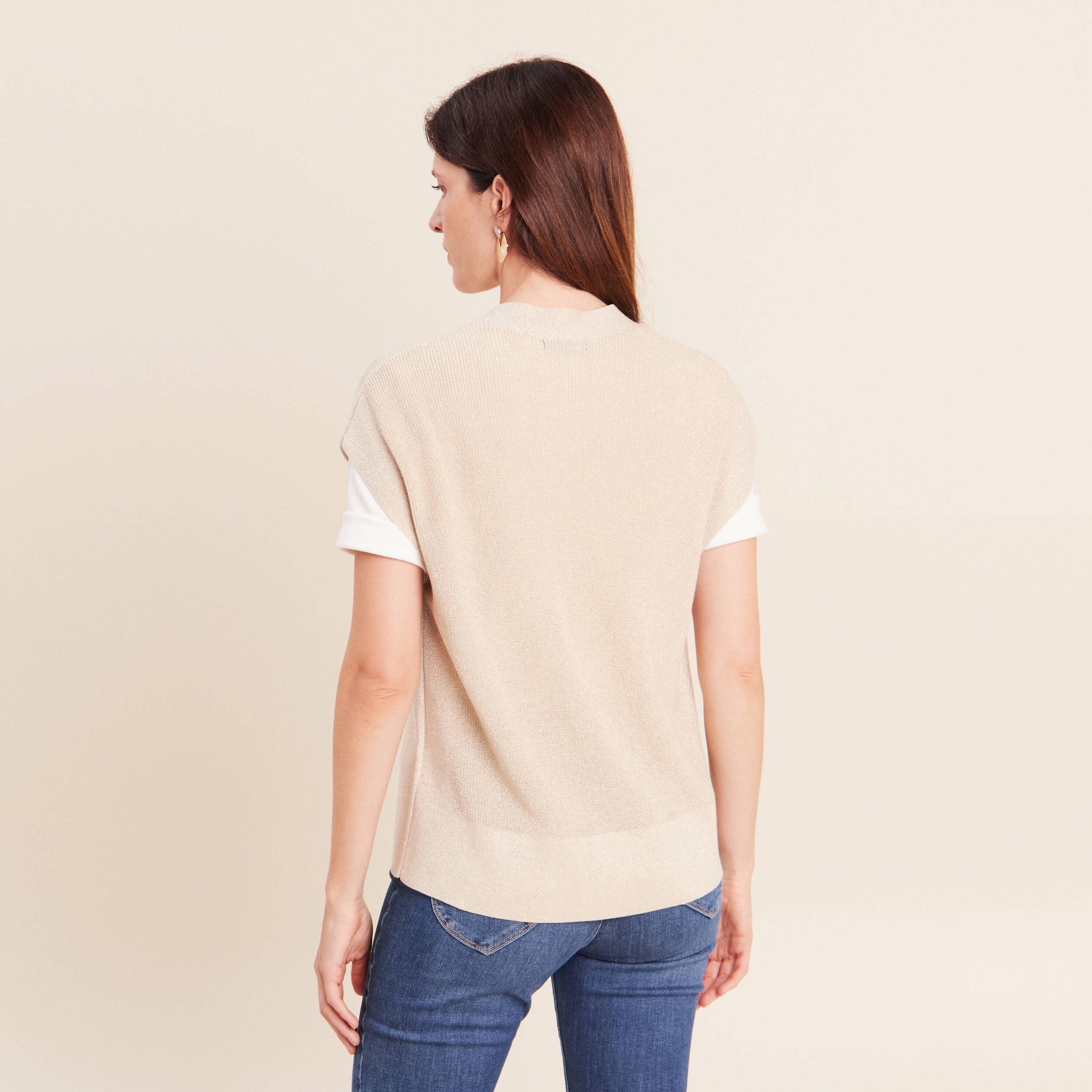 Gilet col v couleur or femme