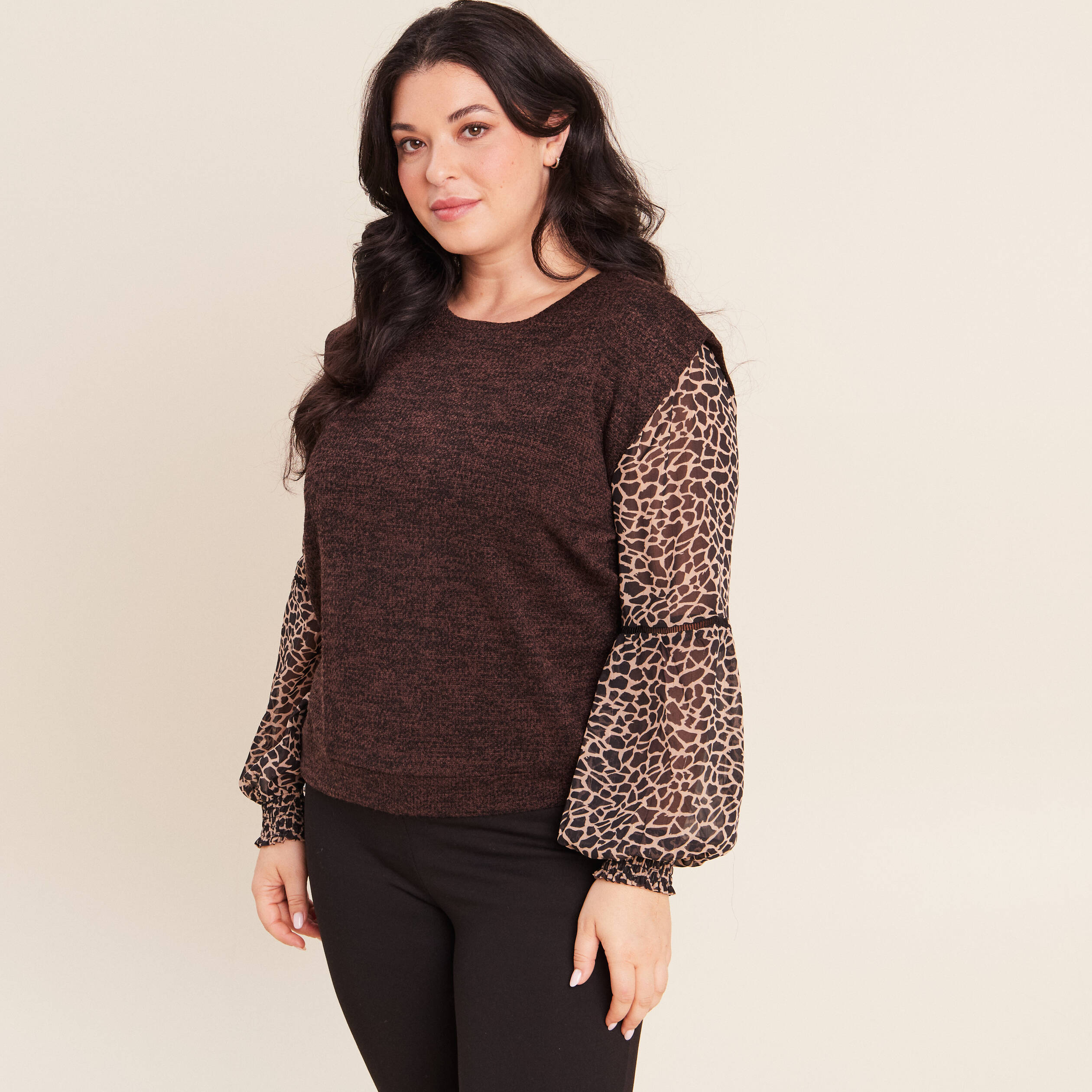 T-shirt col rond manches longues noir femme